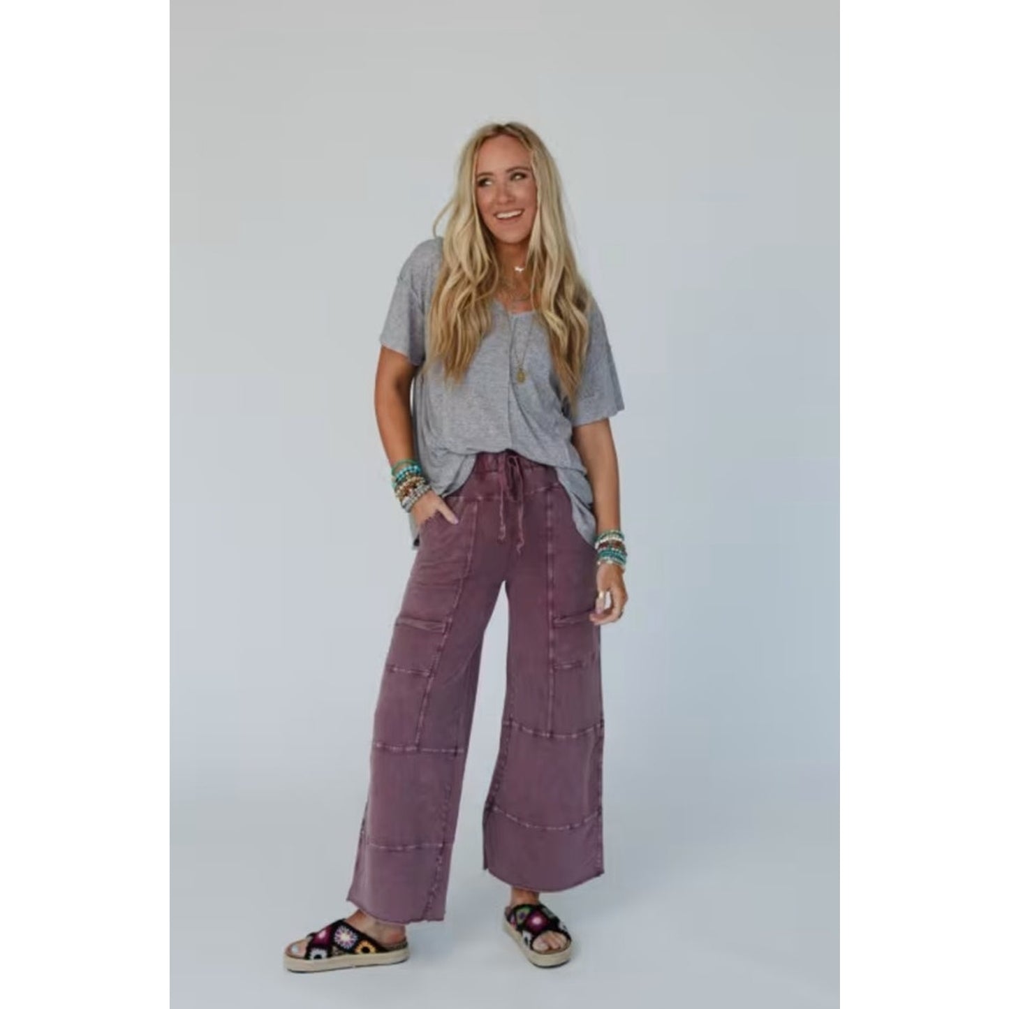 NWT Easel Wide Leg Full Length Mineral Washed Pants Ladies Small