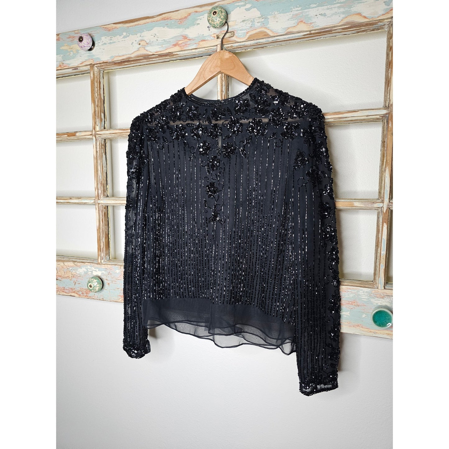 Vintage Black Beaded Long Sleeve Lined Blouse Ladies Size 12