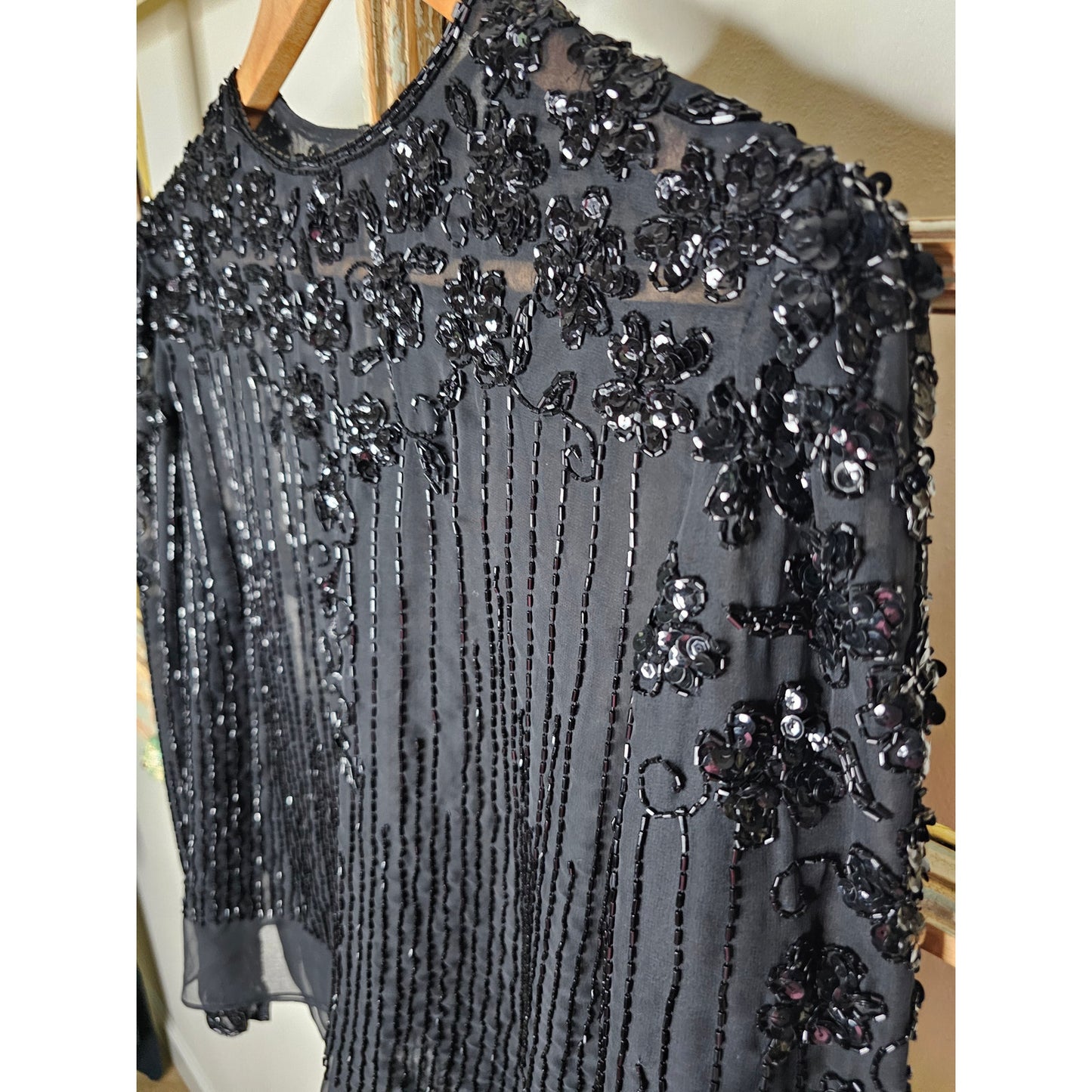 Vintage Black Beaded Long Sleeve Lined Blouse Ladies Size 12