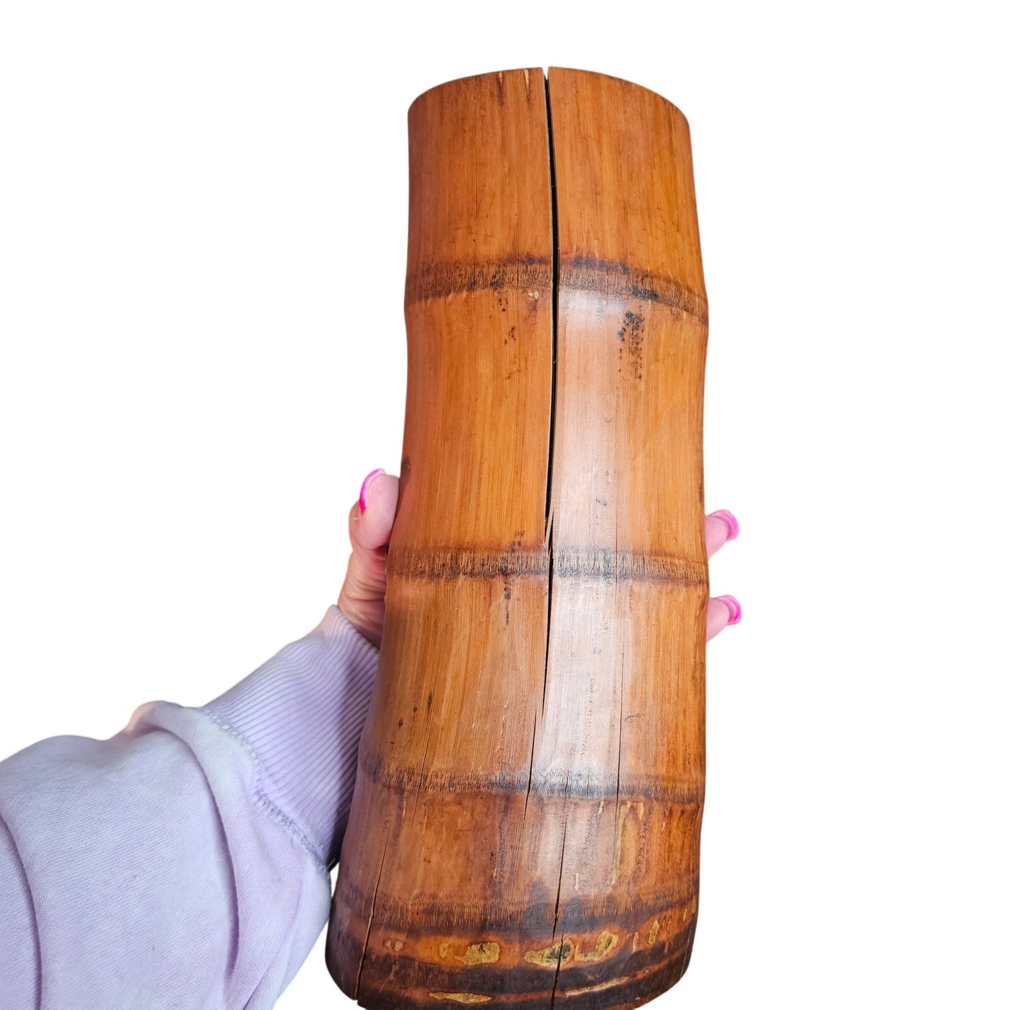 Asian Bamboo Wood Carved Cherry Blossoms Planters/ Candle Holders/ Vase