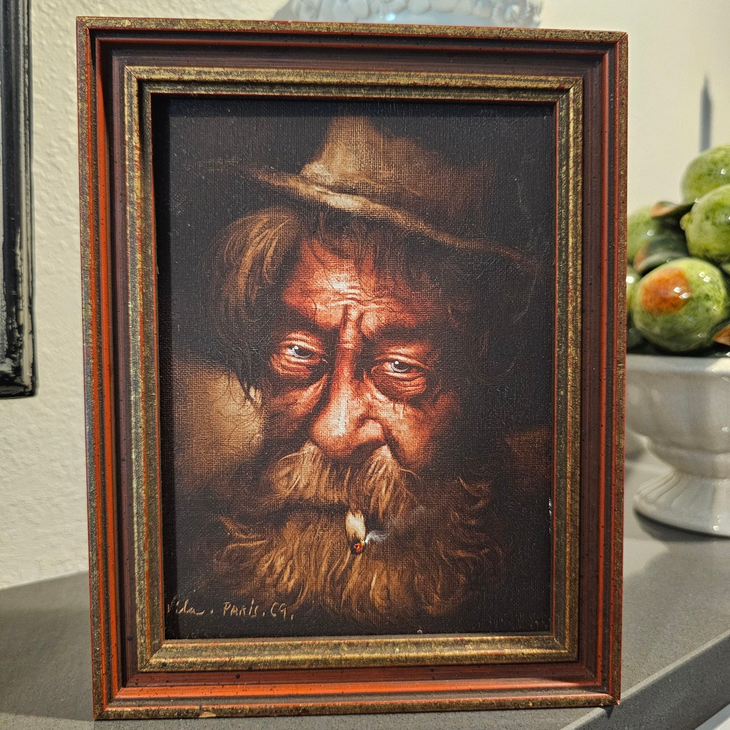 Vintage Set of Framed Oil Paintings Vila Paris 1969 Old Man Pipe & Cigarette