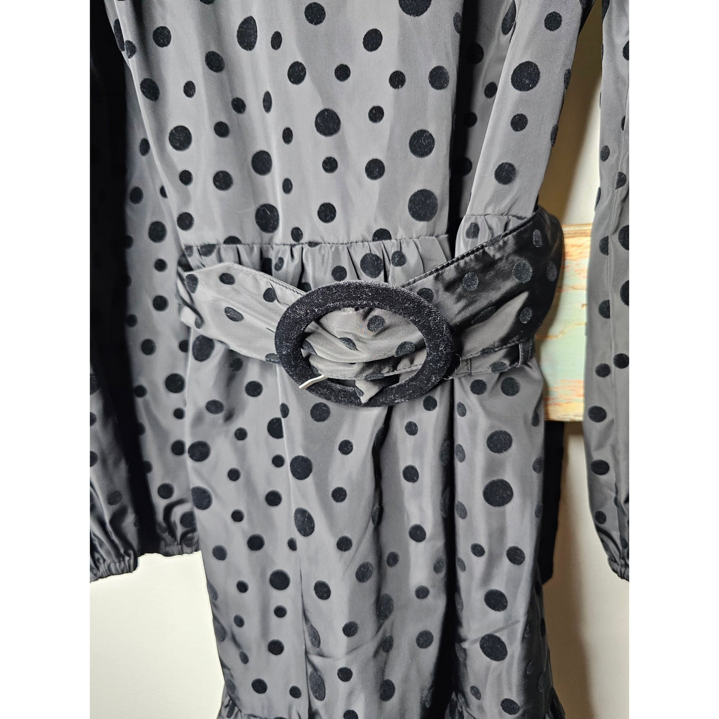 NWT Express black Velvety Polka Dot Puff Sleeve Tiered Dress size Medium