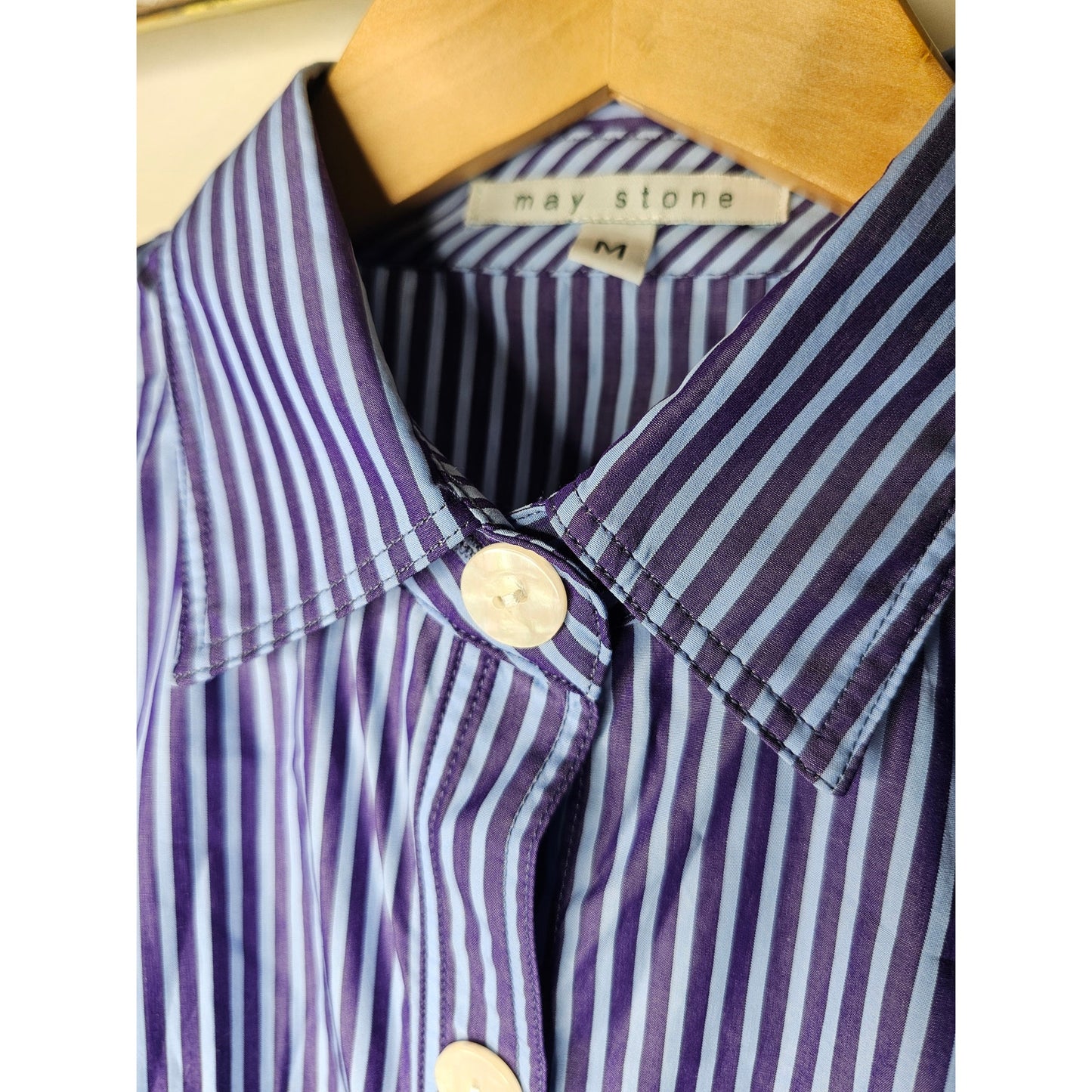 Oxford Striped Dress with Pearlized Buttons Blue/Purple Ladies size Medium