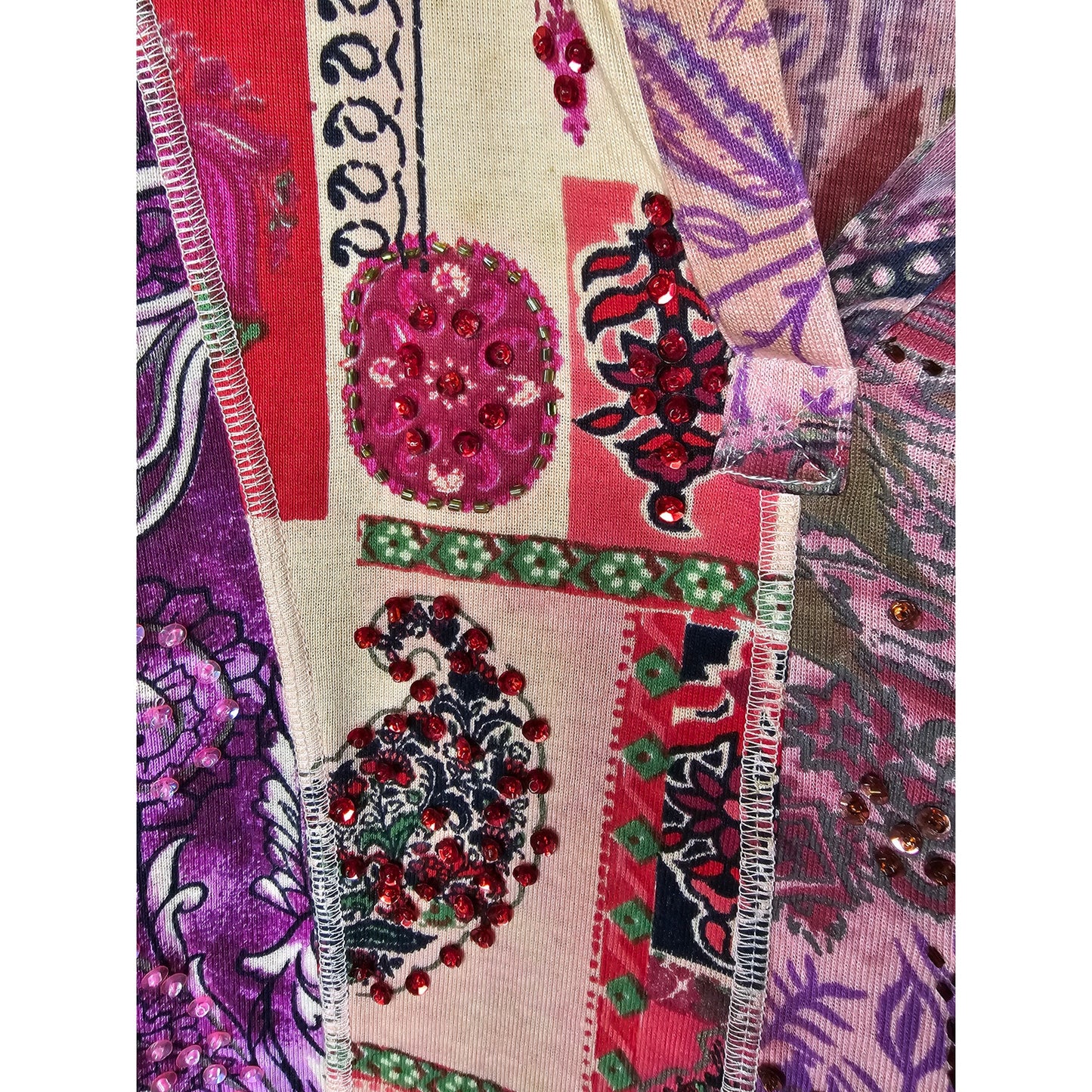 PatchWork Pattern shirt with sequence V- neck ladies size small