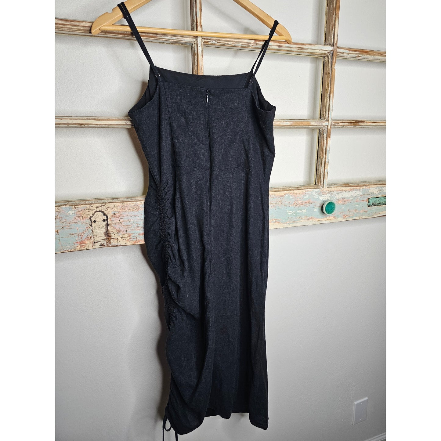 Linen Black Midi Dress with Spaghetti Straps and cinch Ladies size Large