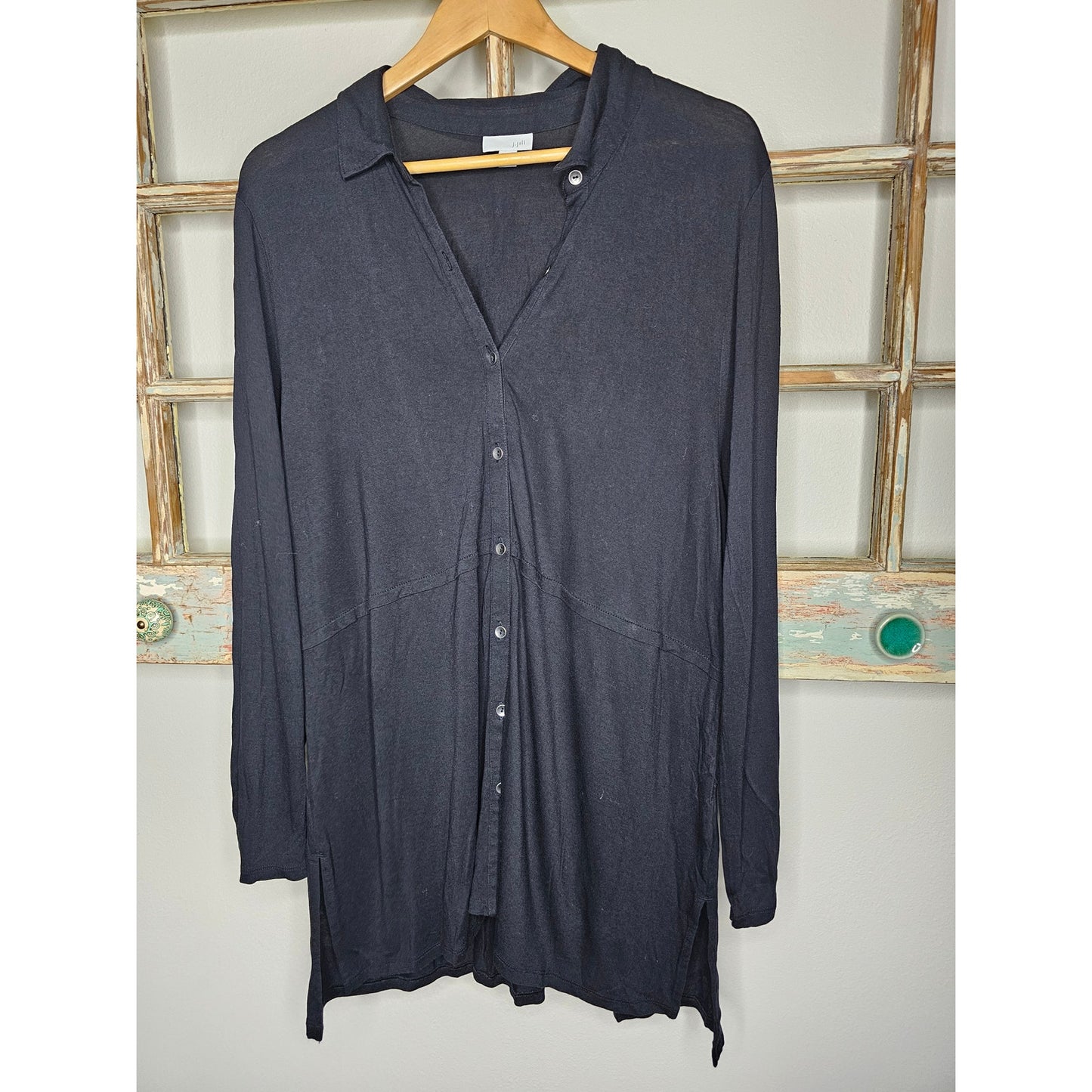 J. Jill Black V-Neck Button Up Tunic Style Ladies Top Size XL