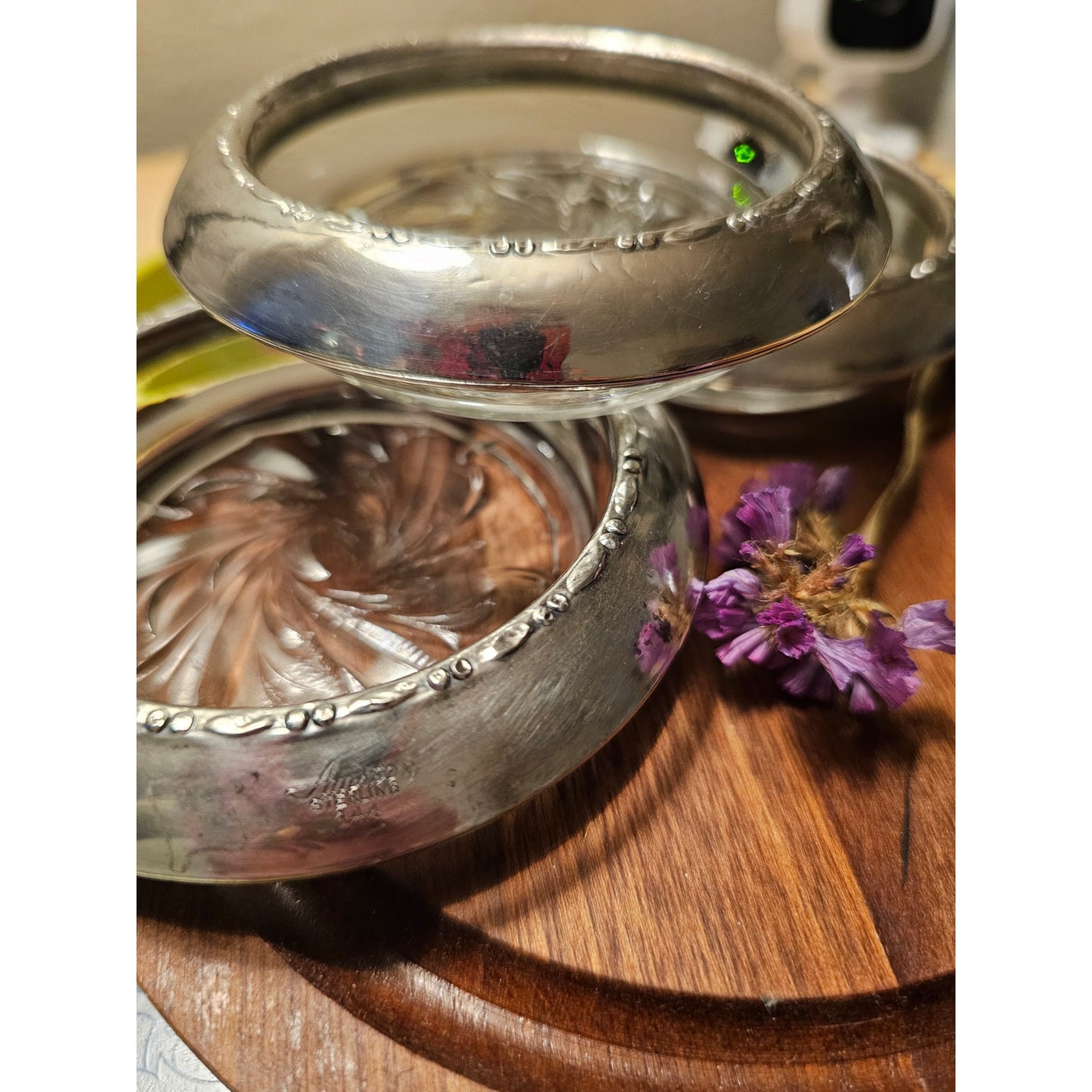 Vintage Sterling Silver Rimmed Clear Crystal Trinket Dish Jewelry Dish