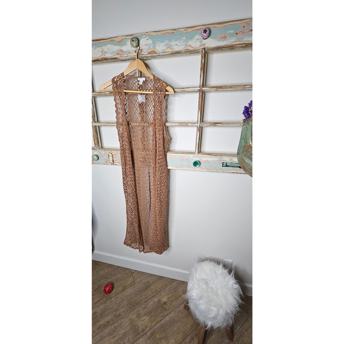 NWT Chico's Valerie Crochet Long Taupe Long Boho Open Vest XS / Chico's size 0