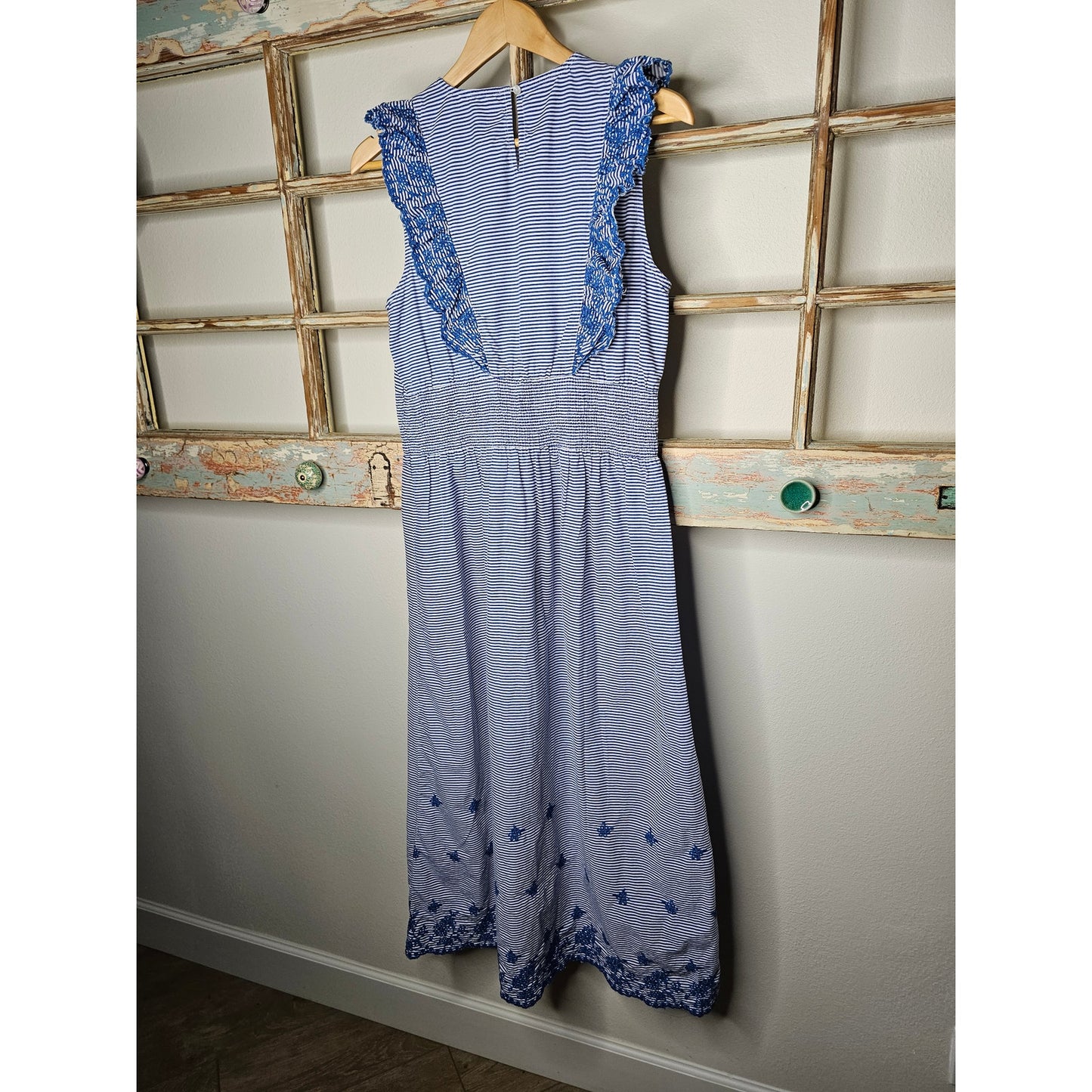 Koton Blue & White Stripe Midi Dress with Ruffles and Embroidery Ladies size Medium