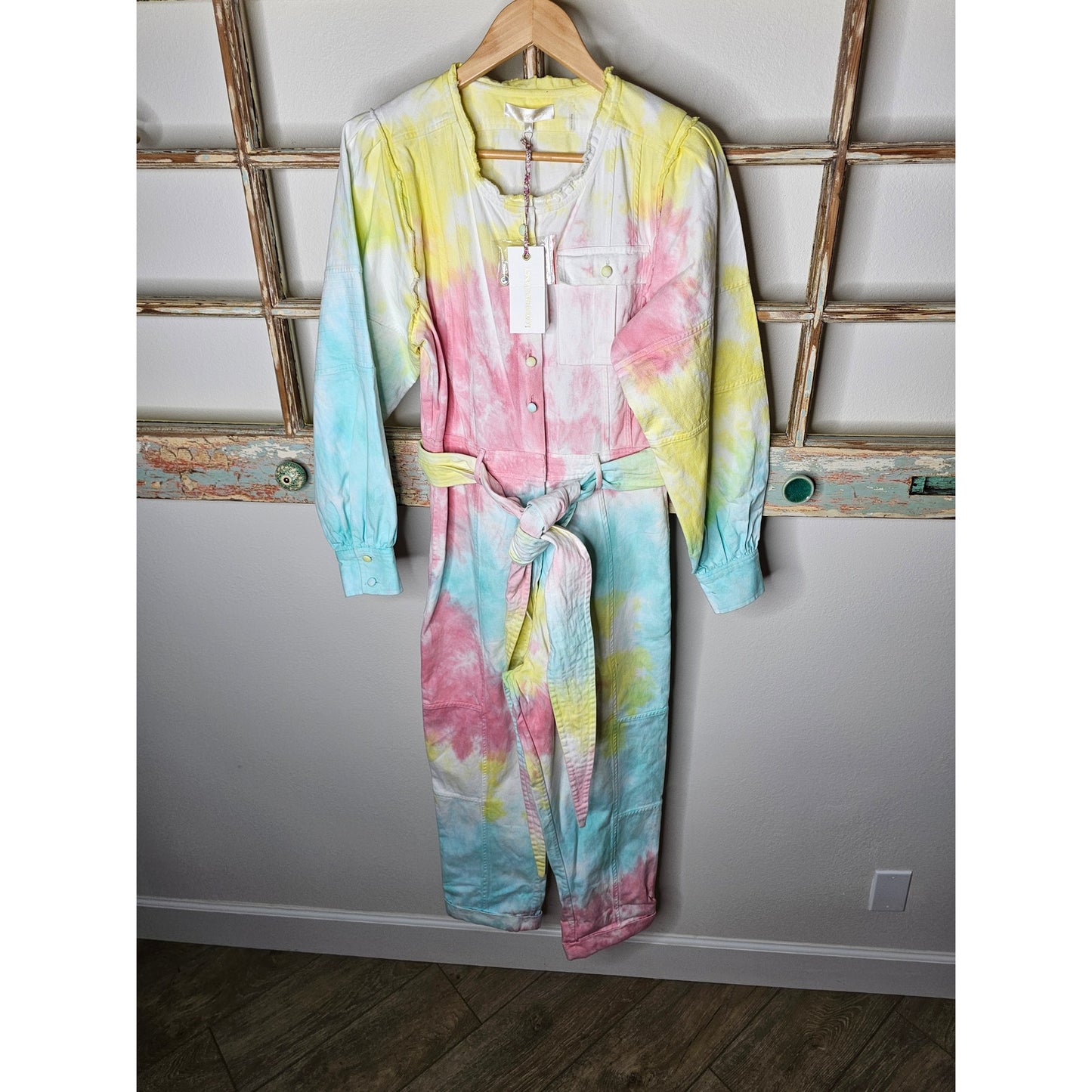 NWT Love Shack Fancy Paca Jumpsuit Rainbow Radial Tie Dye Size 6