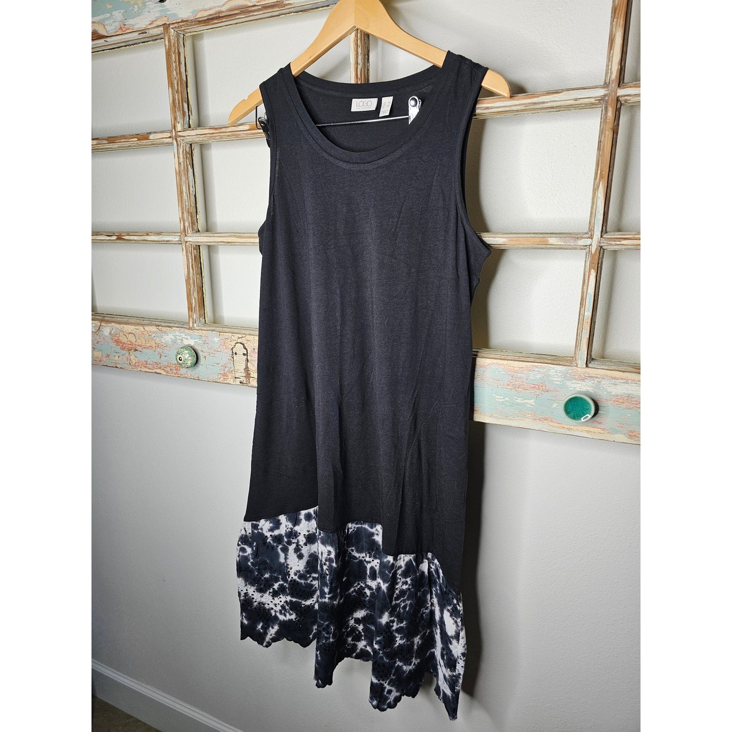 LOGO Lori Goldstein Black and Tan Sleeveless Midi Dress W/ Tie Dye size Medium