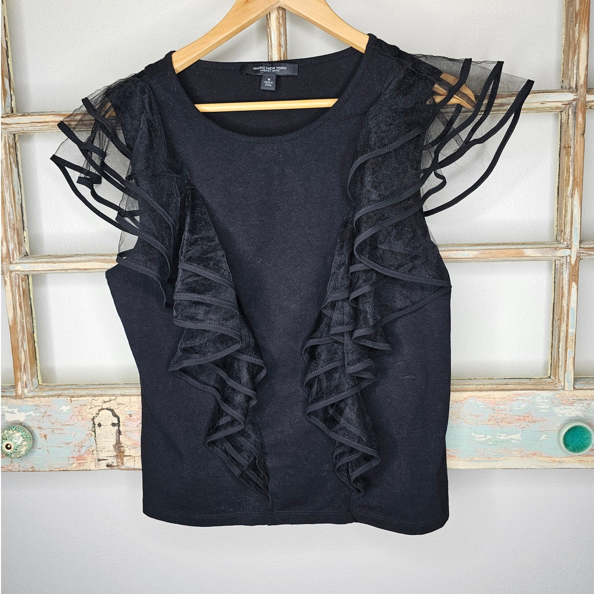 Marc New York Black Sleeveless Top w/ Sheer Ruffled Shoulders Ladies size Medium