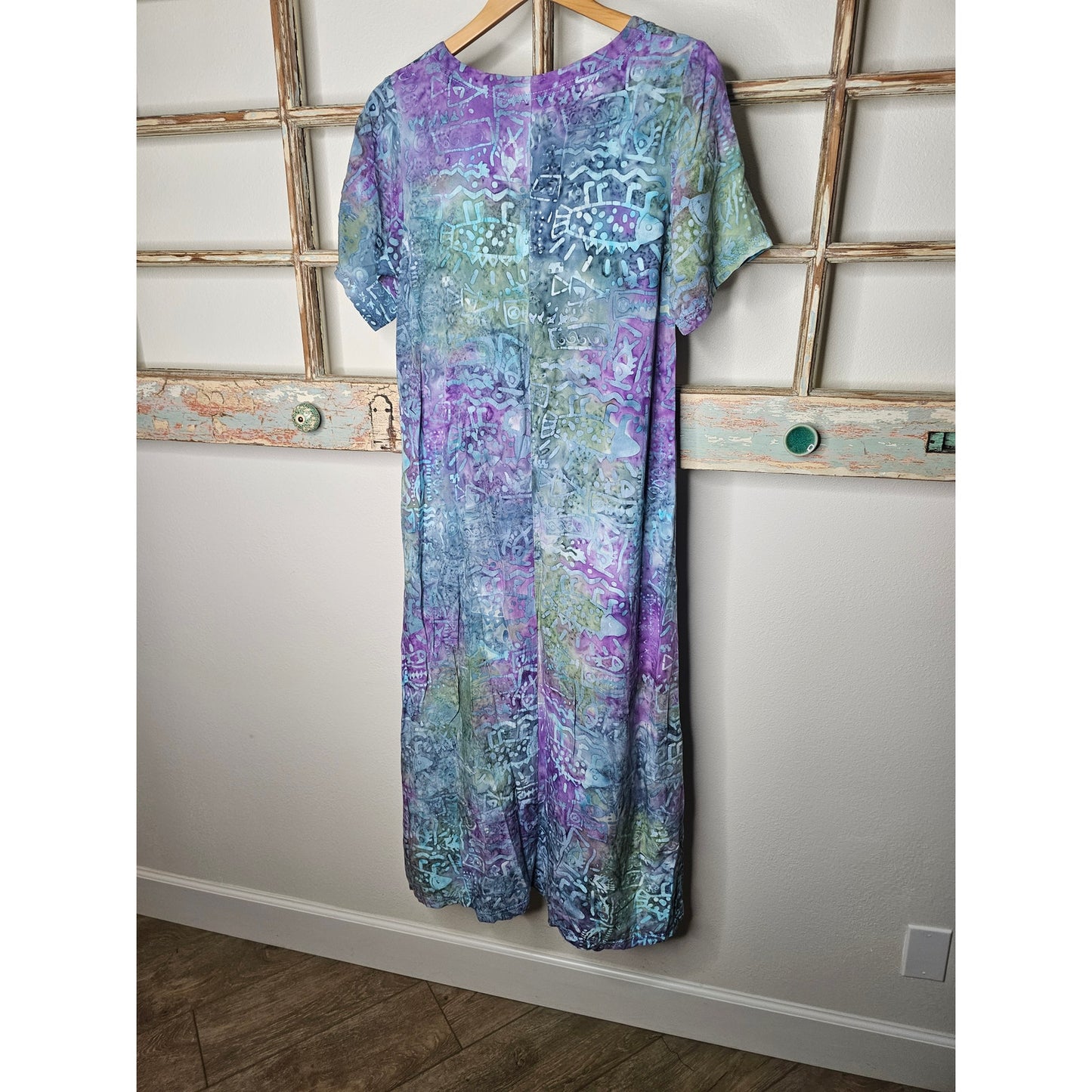 Vintage Batik Midi Dress Purples & Blues Patches Ladies size Medium