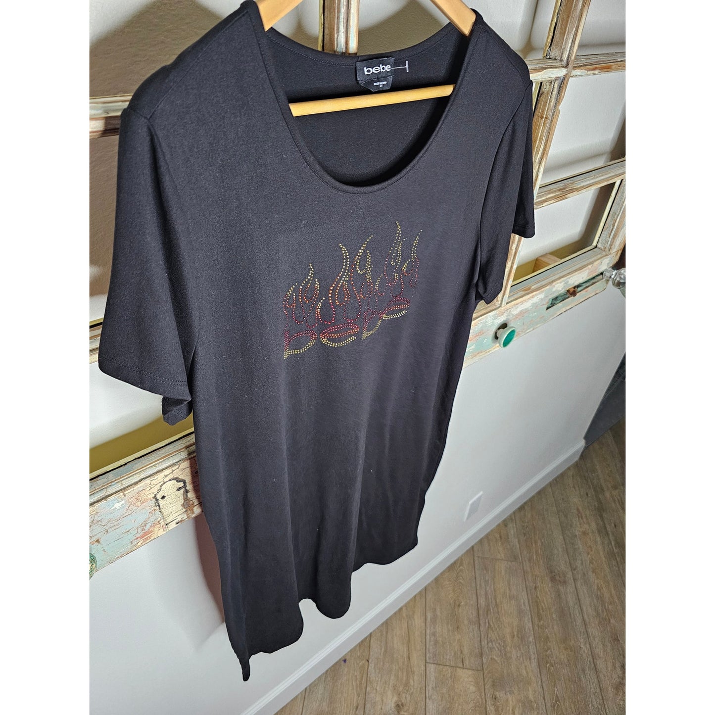 NWOT BeBe Black Tee Dress With Flame Fire Bling Ladies size 2X