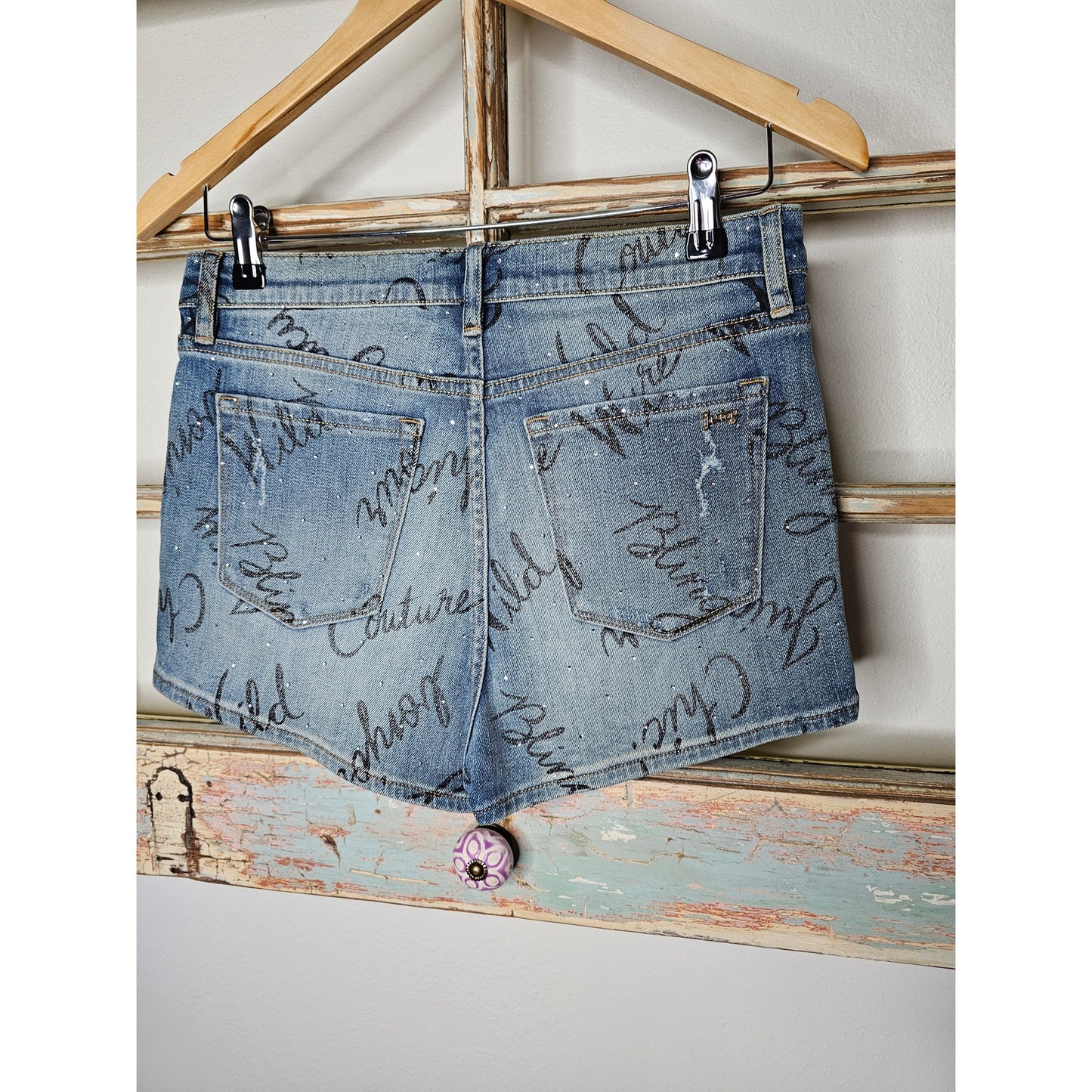 NWT Juicy couture Mid Rise Crystals & Graffiti Denim Shorts Ladies size 27