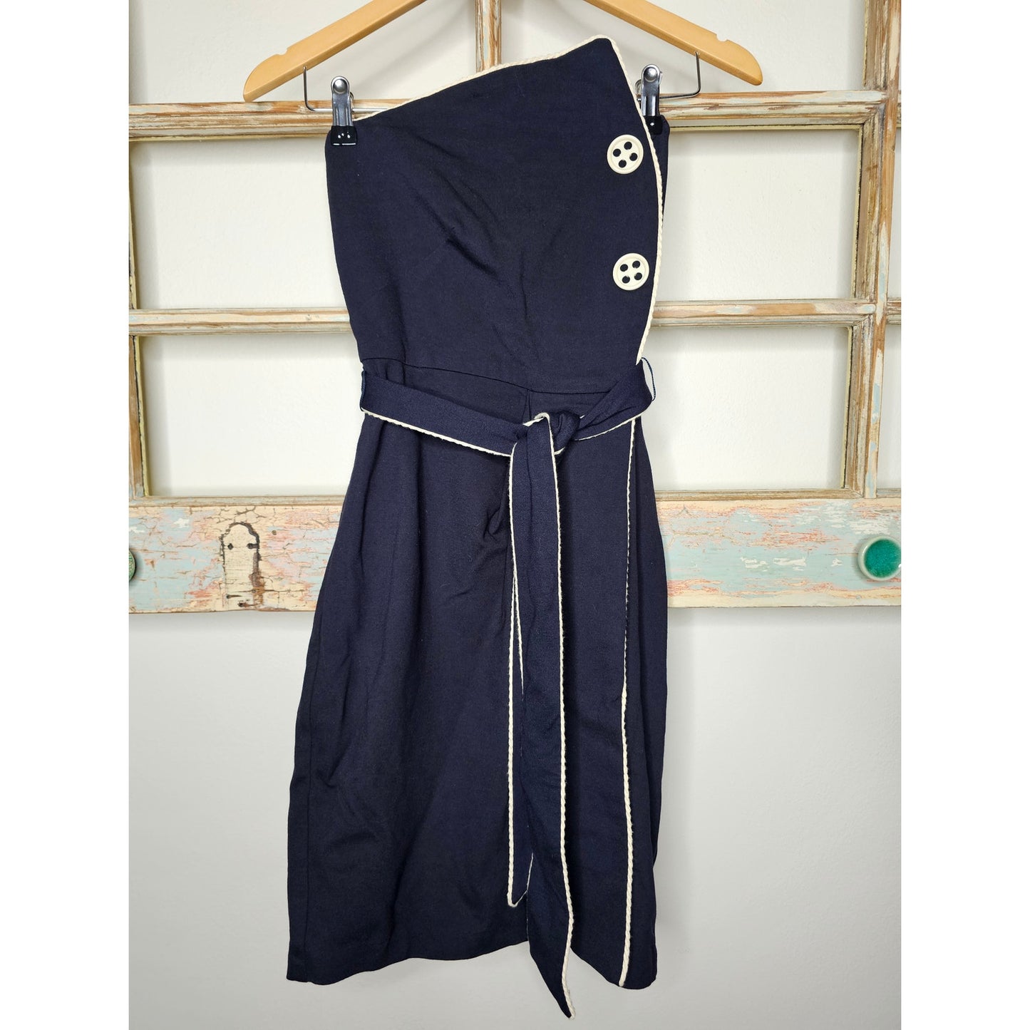Eva Franco Halter Navy/ White Cocktail Dress Self Tie Belt Size 0