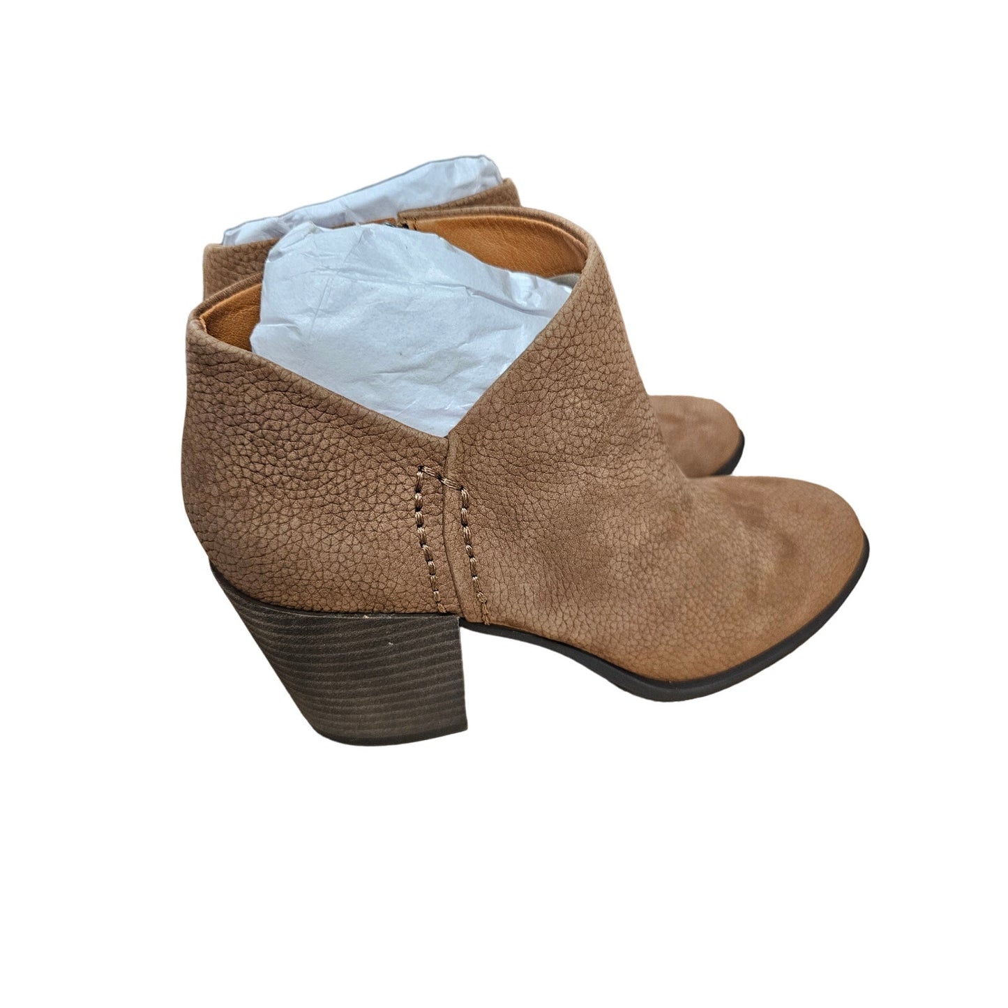 NWT Lucky Bellita Asymmetrical Block Heel Booties in Cedar tone size 8.5
