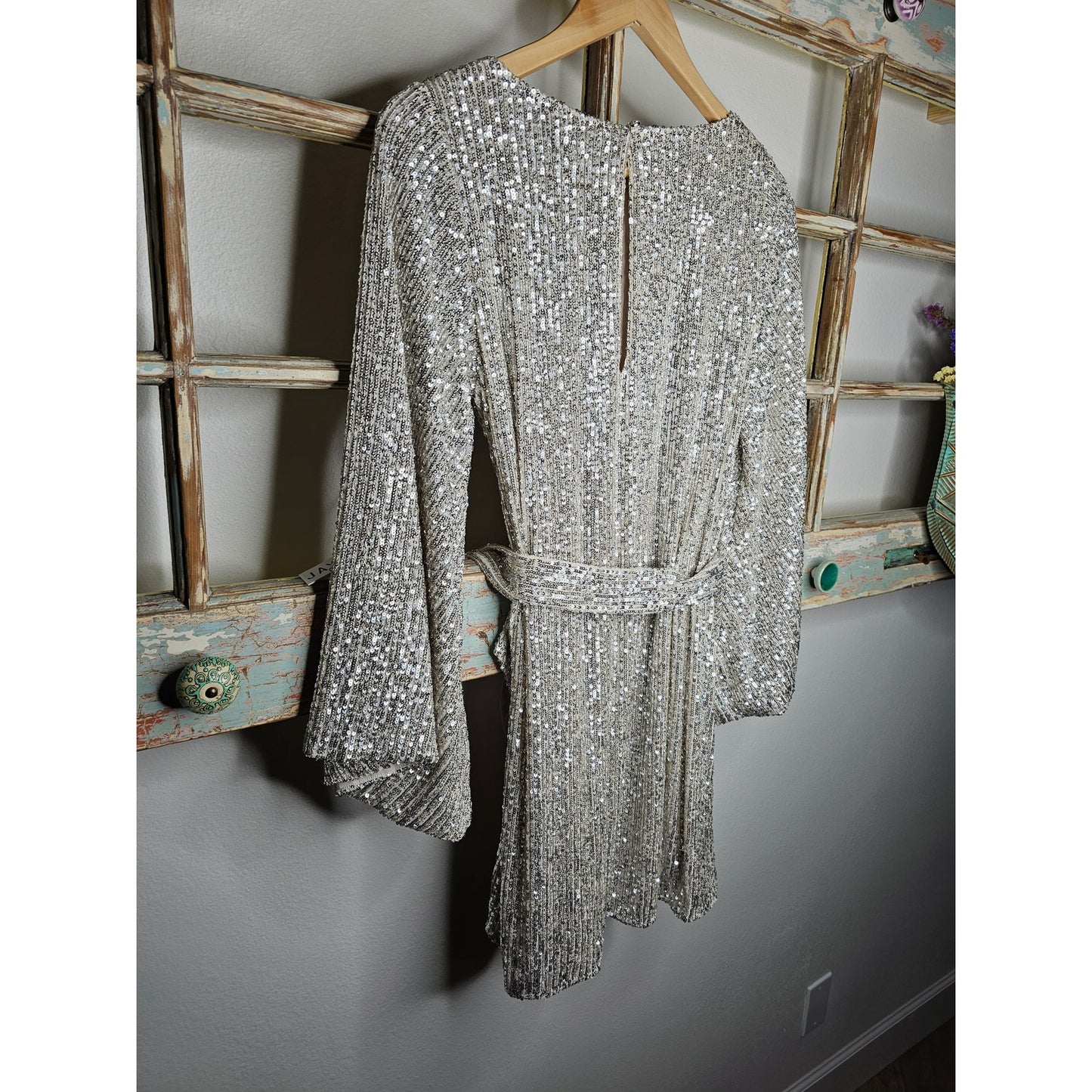 NWT Silver Sequenced Lined Mini Dress w/ Trumpet Sleeves Jay Godfrey Ladies size 6