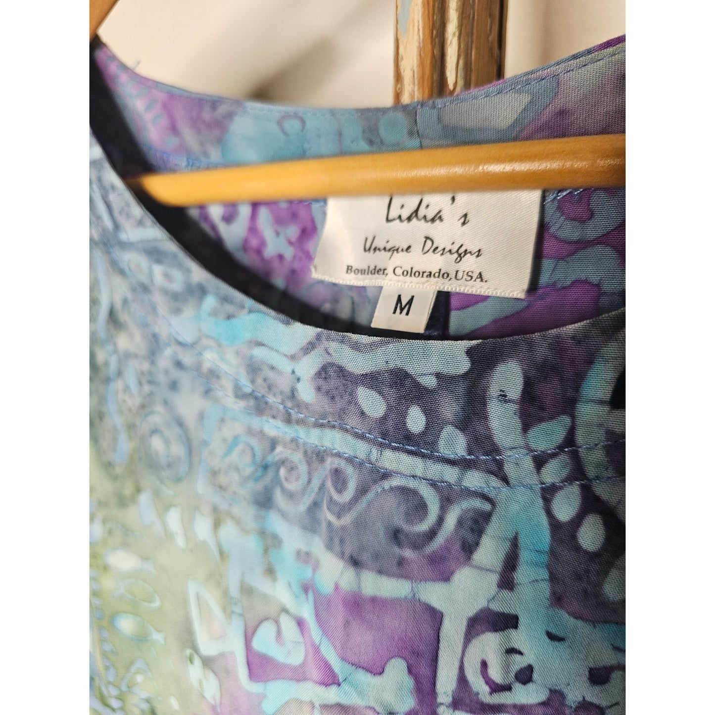 Vintage Batik Midi Dress Purples & Blues Patches Ladies size Medium