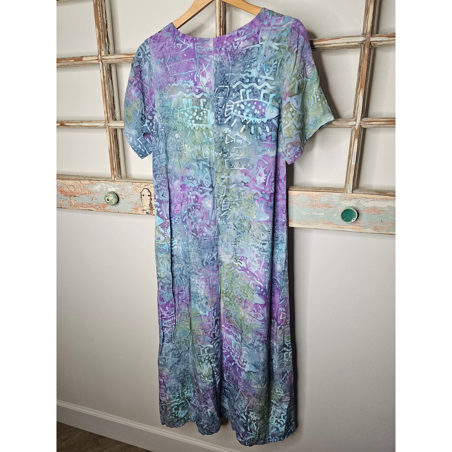 Vintage Batik Midi Dress Purples & Blues Patches Ladies size Medium