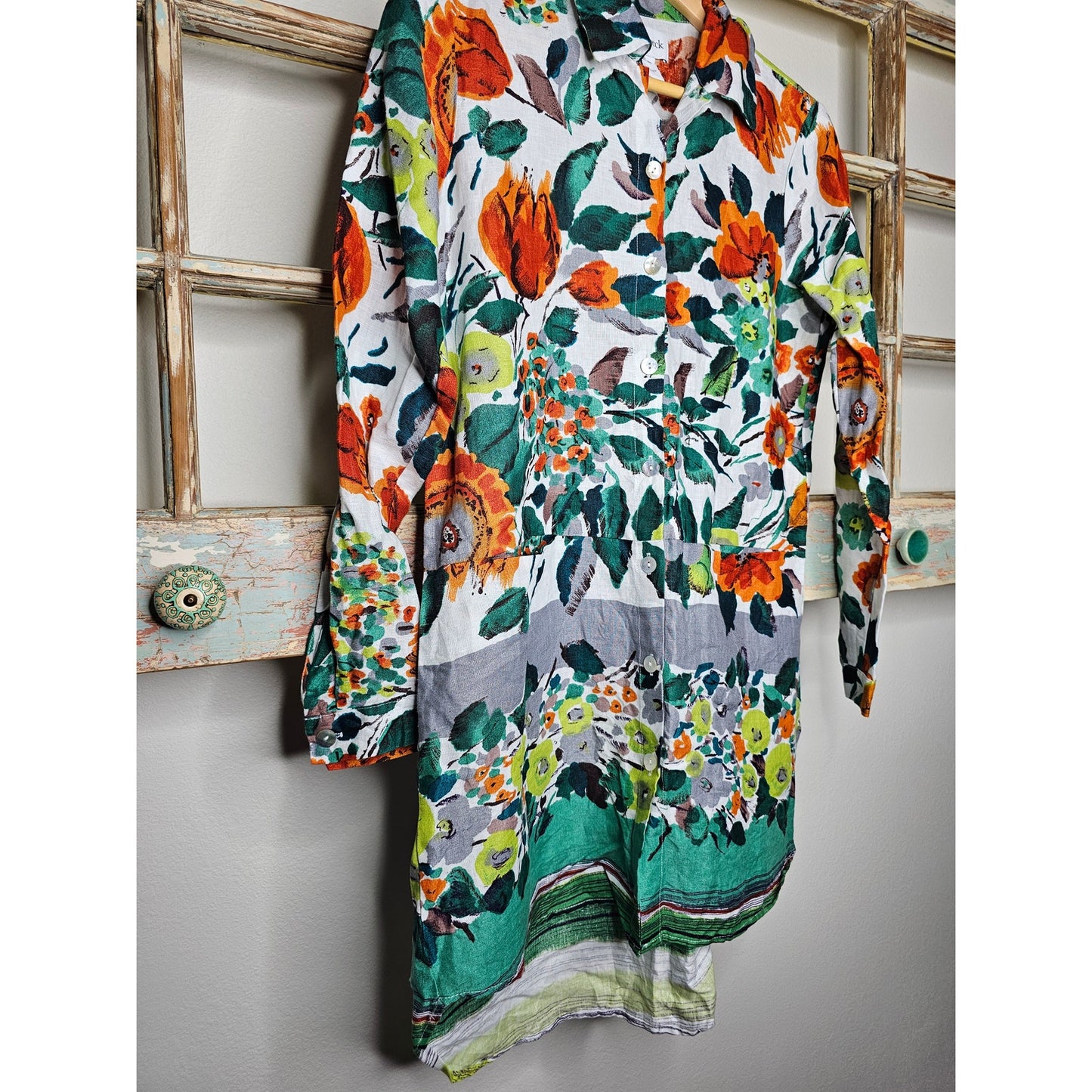 Linen Peck & Peck Fall Floral Tunic Long Sleeve Button Up Ladies size Small