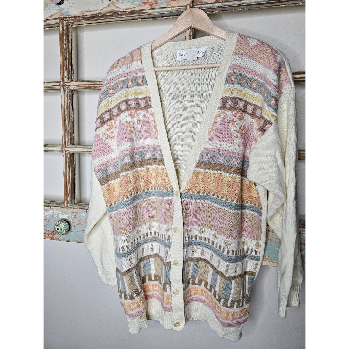 Vintage Button Up Cream Cardigan W/ Pastel Linear Design size Medium