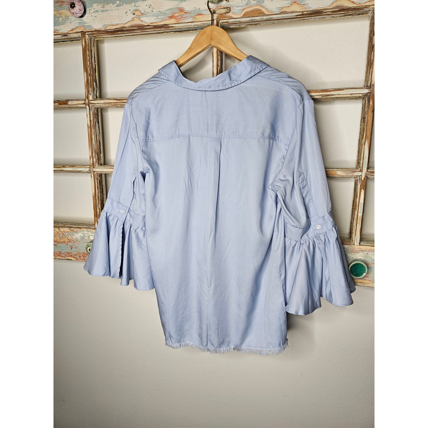 Marc New York Collared Button Up Blue Top 3/4 Bell Sleeves Size Medium