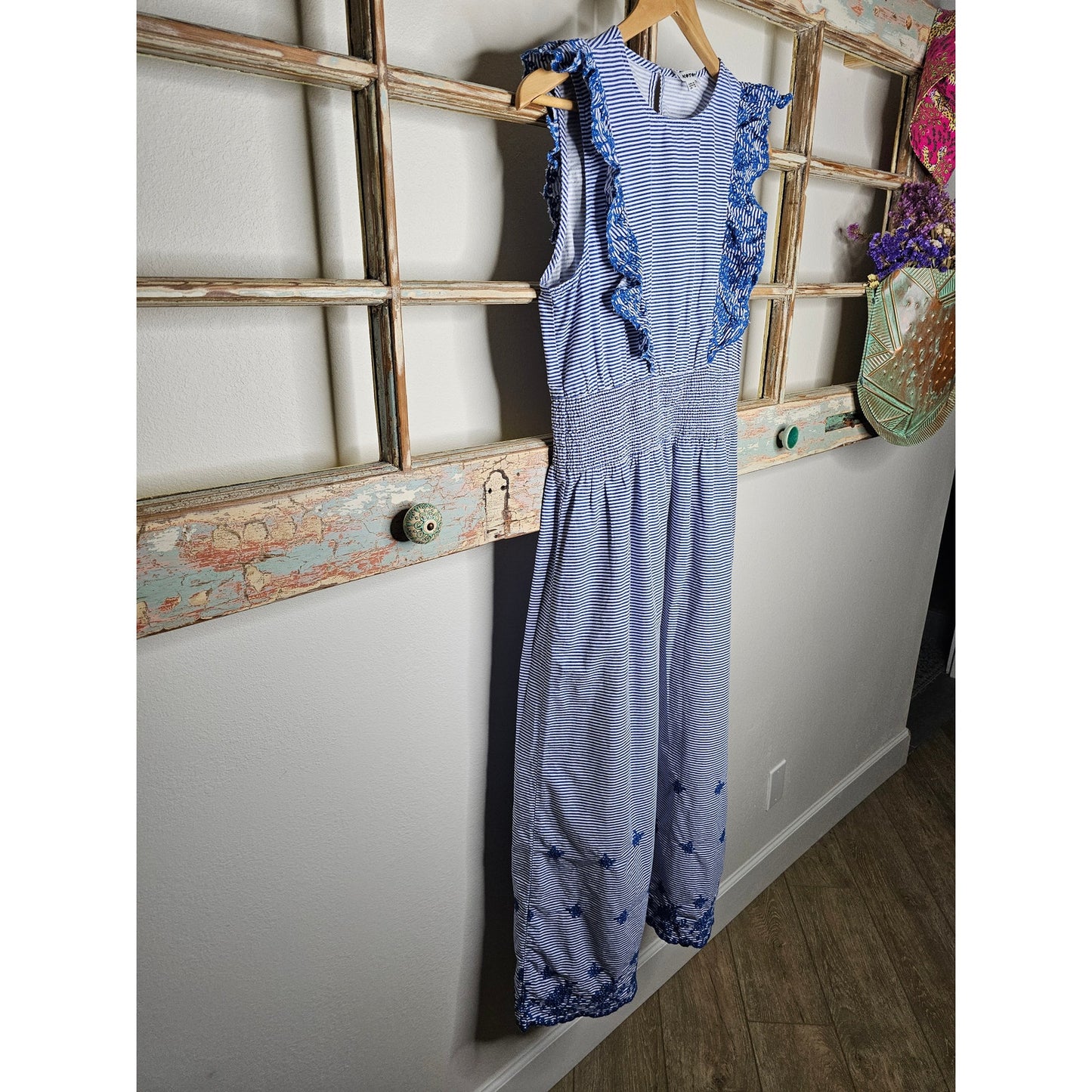Koton Blue & White Stripe Midi Dress with Ruffles and Embroidery Ladies size Medium