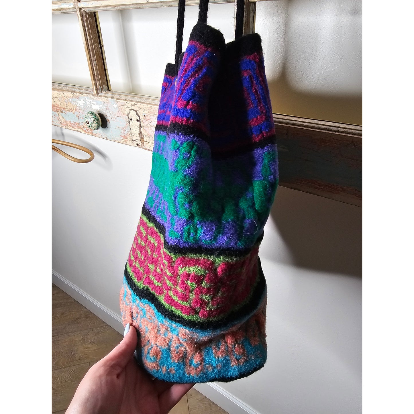 Vintage BOHO Shoulder/ Crossbody Vibrant Yarn Bag with feet