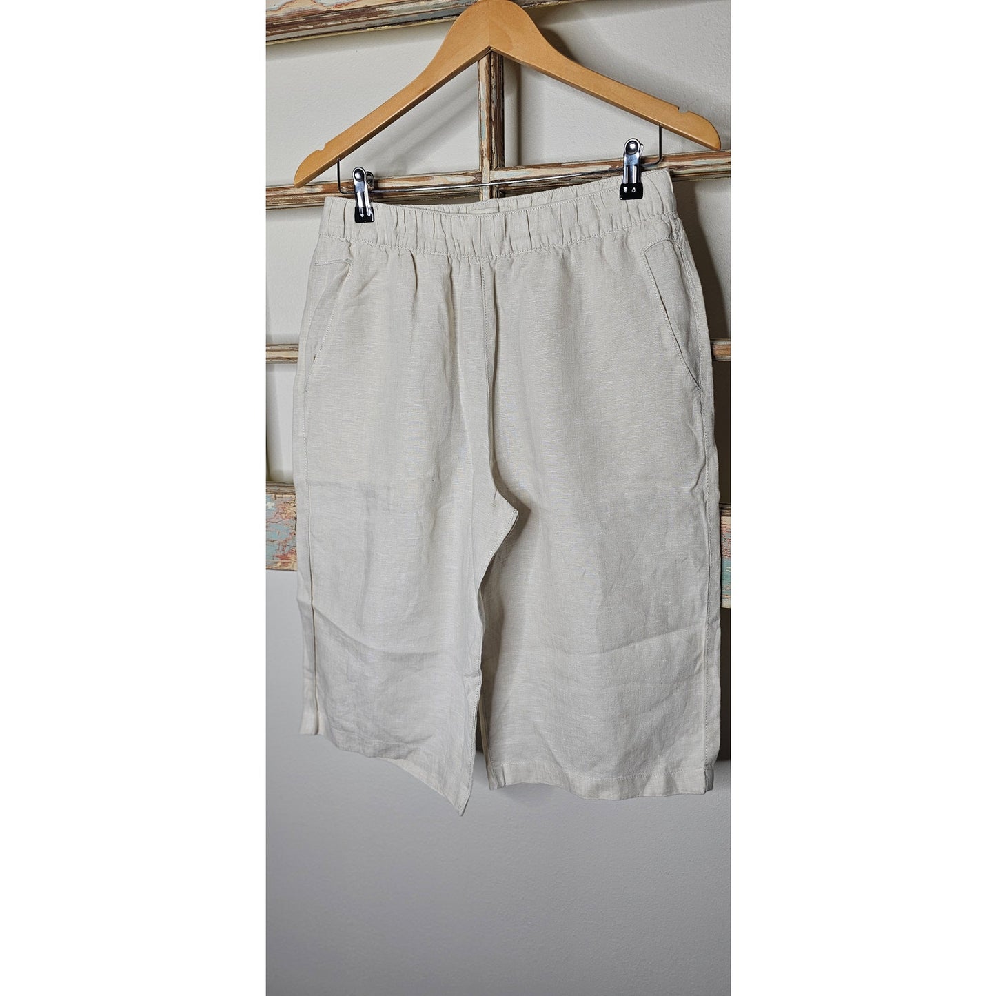 Ivory Linen Elastic Waist Pull On Relaxed Long Short Ladies size meidum