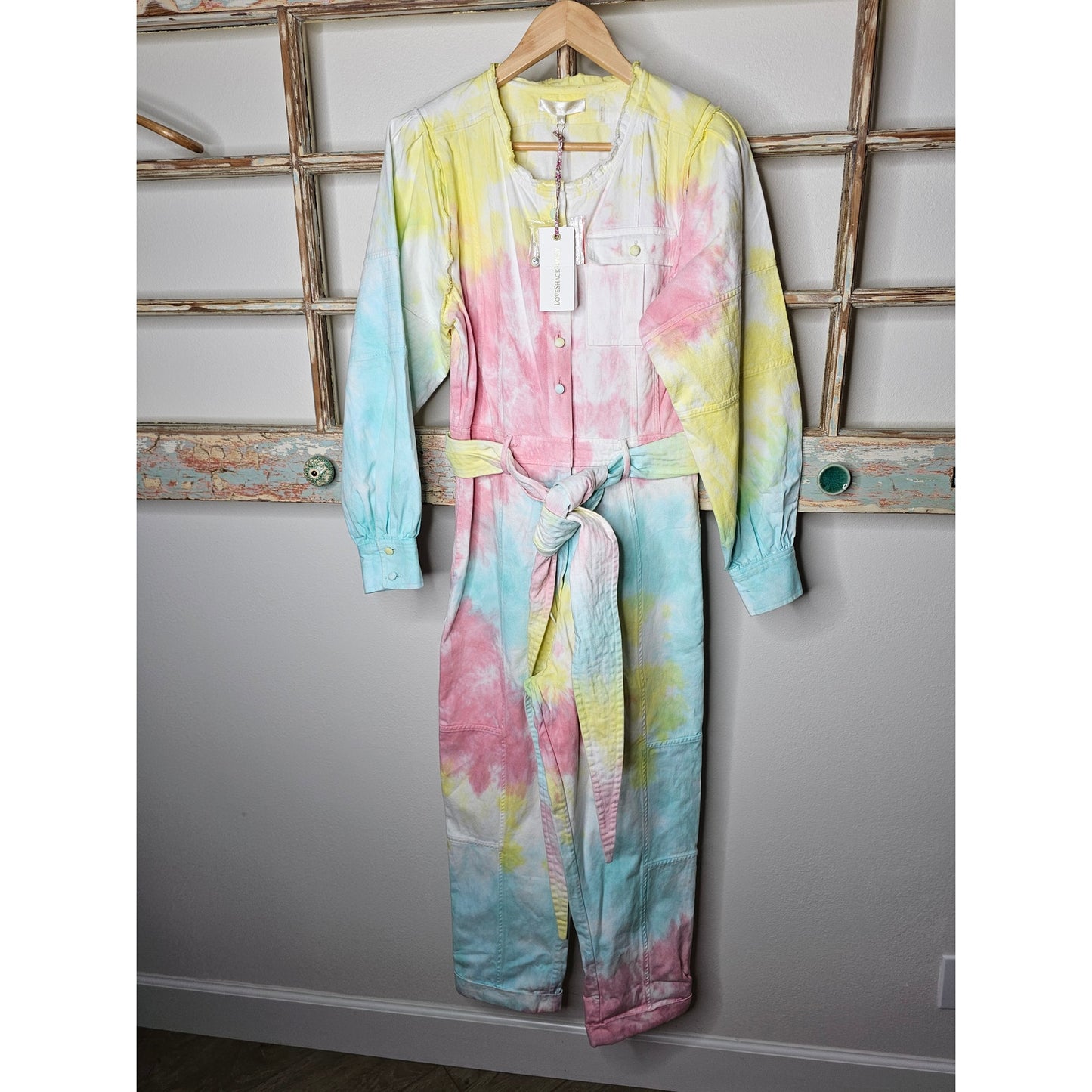 NWT Love Shack Fancy Paca Jumpsuit Rainbow Radial Tie Dye Size 6