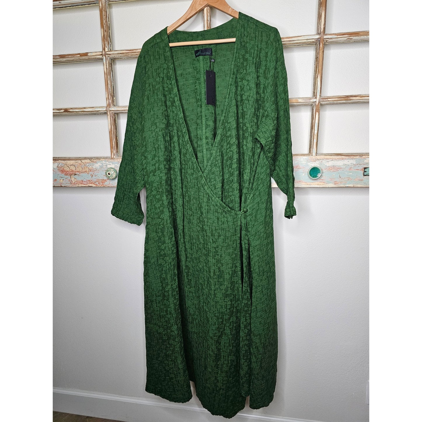 NWT Peacock Ways Green Long Sleeve Wrap Boho Dress Size Large