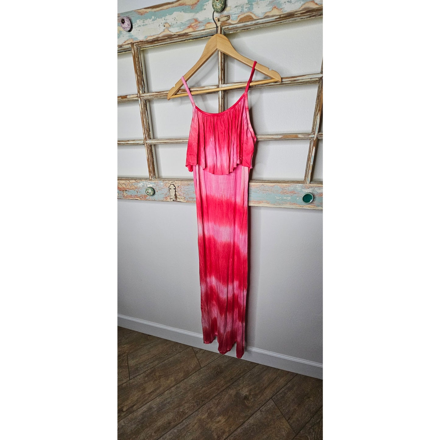 NWT White Mark Red/ Pink Tie Dye Spaghetti Strap Maxi Dress Size Large