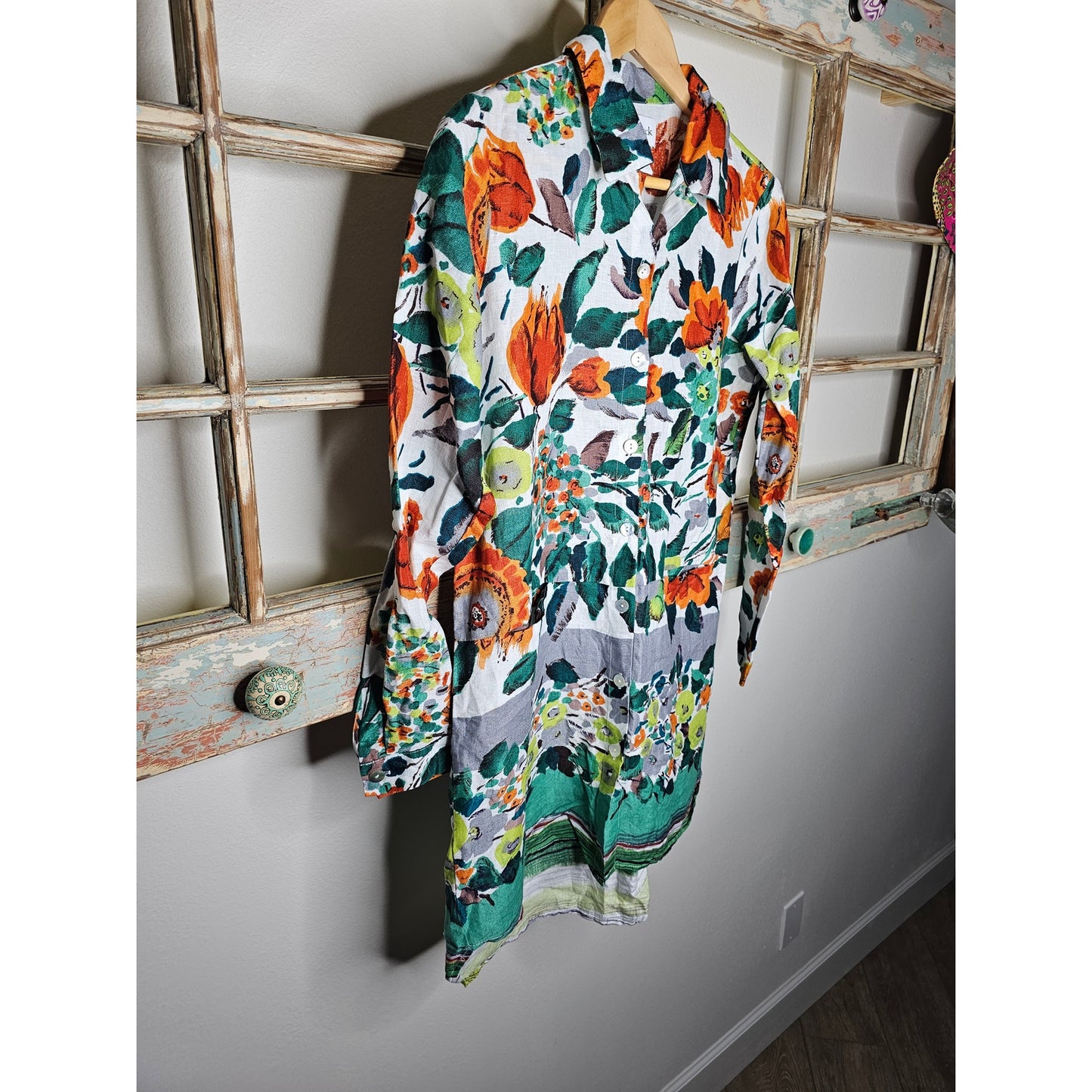 Linen Peck & Peck Fall Floral Tunic Long Sleeve Button Up Ladies size Small