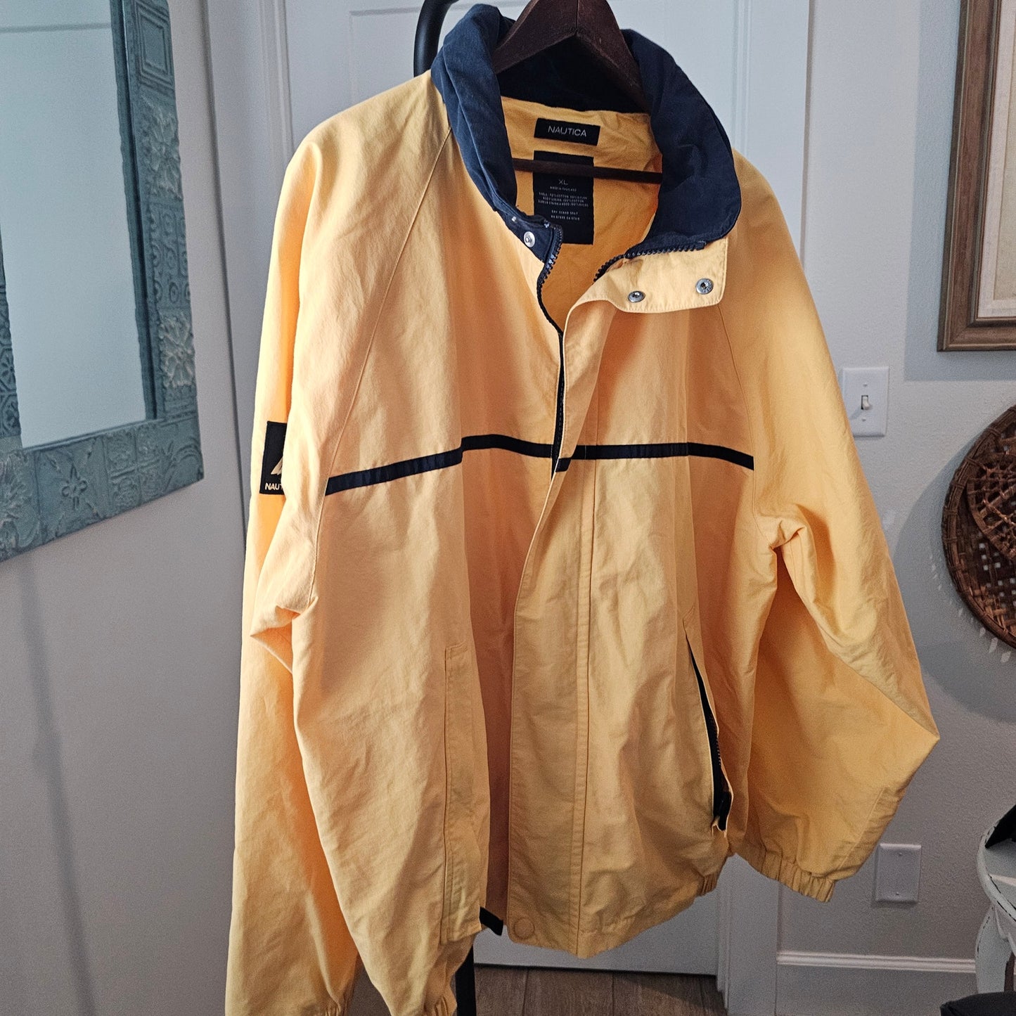 Vintage Nautica Gold/Blue Zip Up Wind Breaker Hidden Hood Mens Size XL