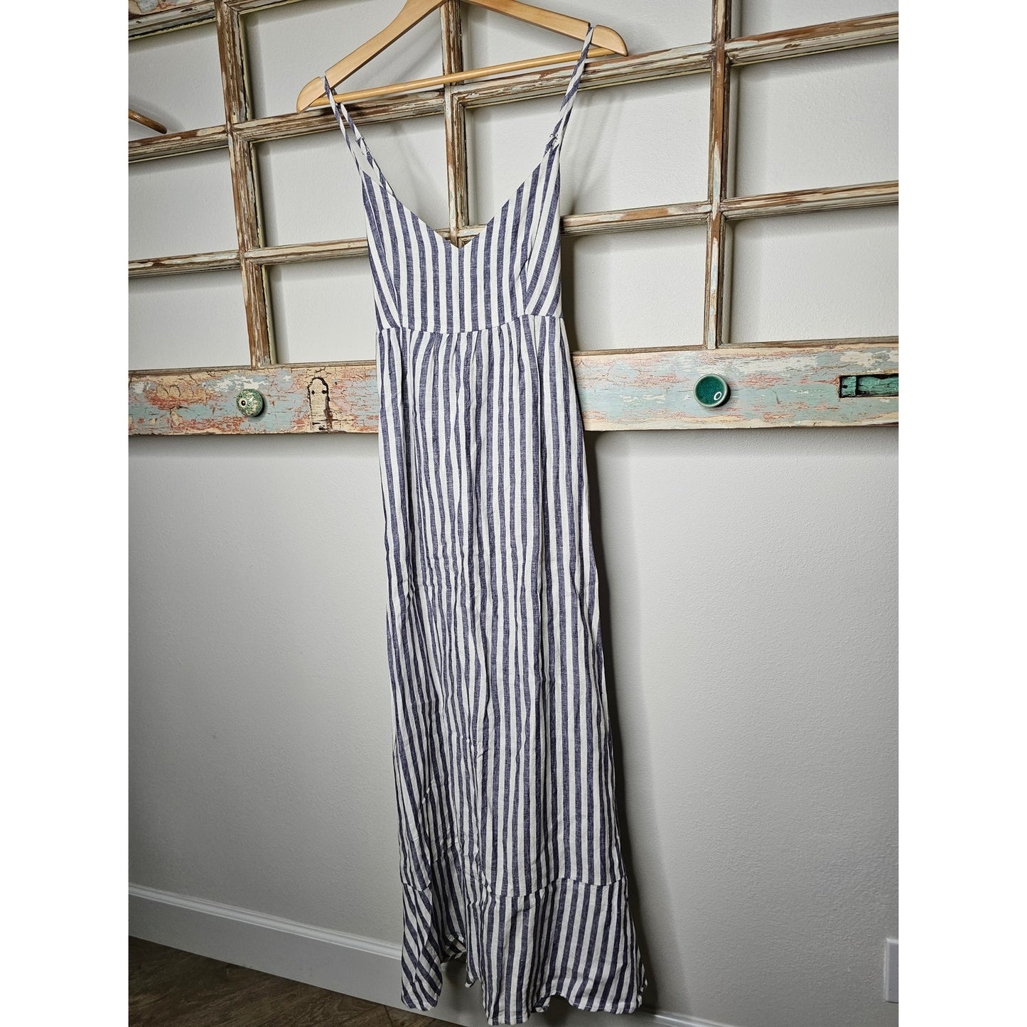 Linen Antibes Blanc Ladies Lined Striped Tiered Midi Dress Ladies Size 6