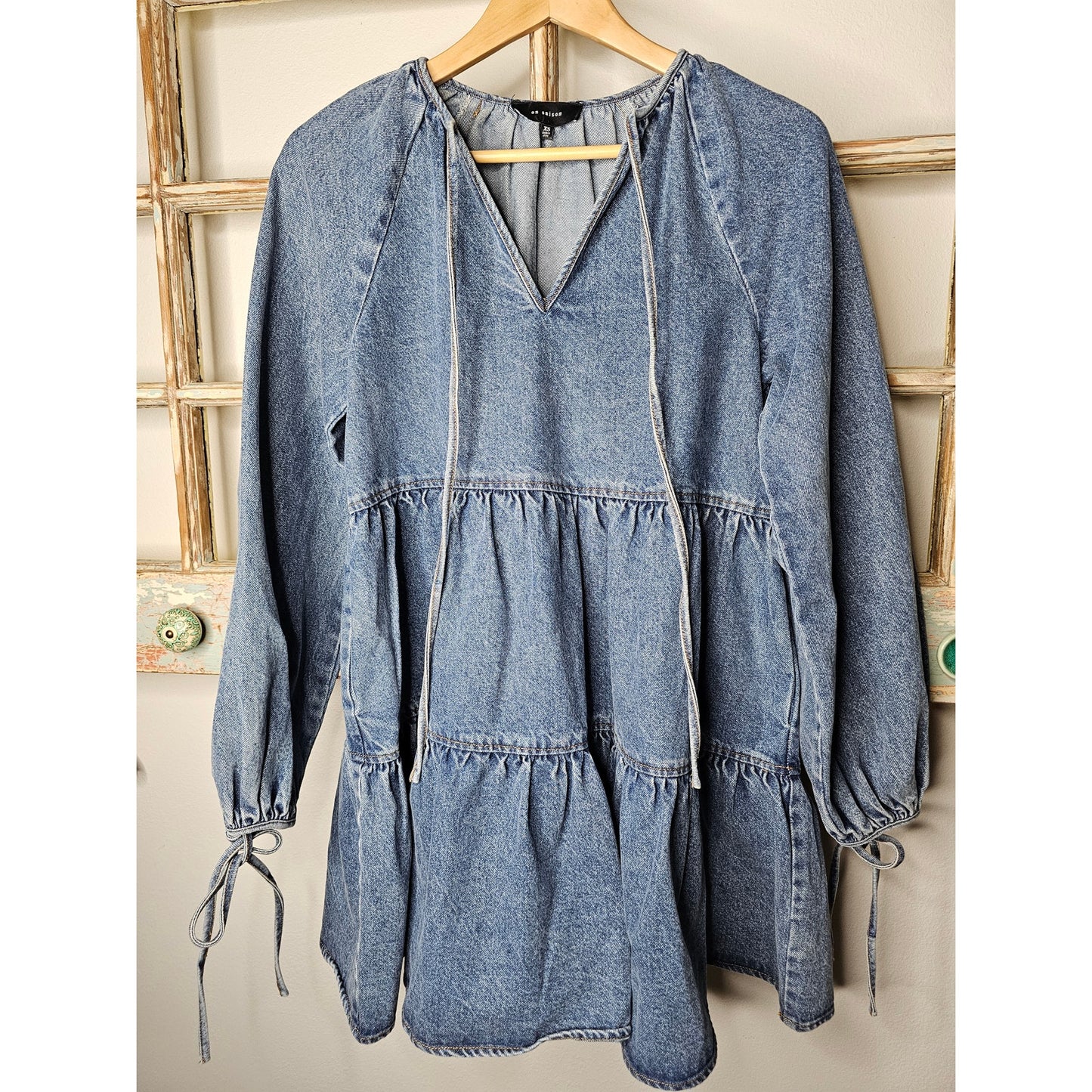 En Saison Bruna Medium Wash Denim Mini Tiered Babydoll Dress Size XS