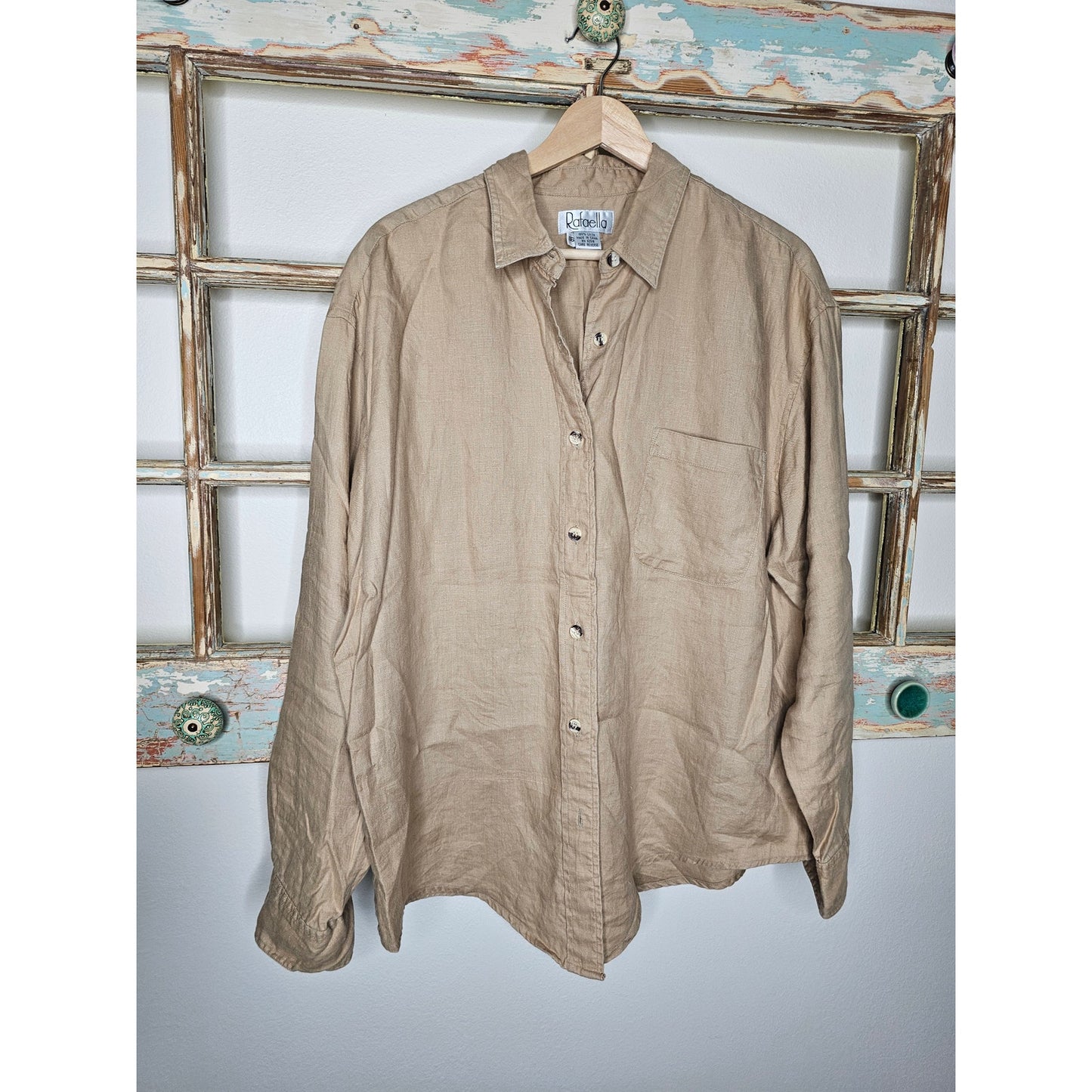 Linen Khaki Button Up Shirt By Rafaelle Ladies Size 16