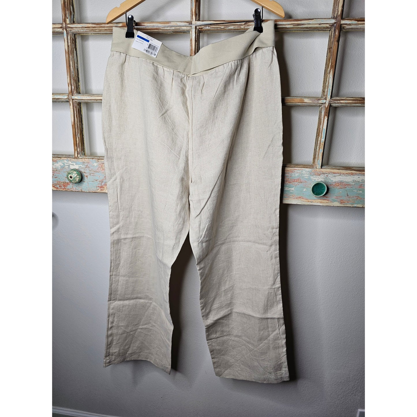 NWT Linen Straight Leg Pants in Flax with Elastic roll down waist Ladies size XL