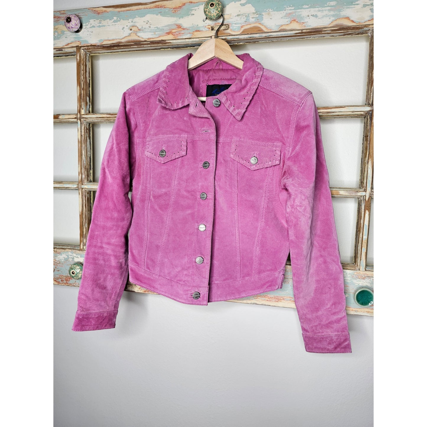 Vintage Jou Jou Pink Suede Button Up Jacket Whip Stitch Trims Size Xmall