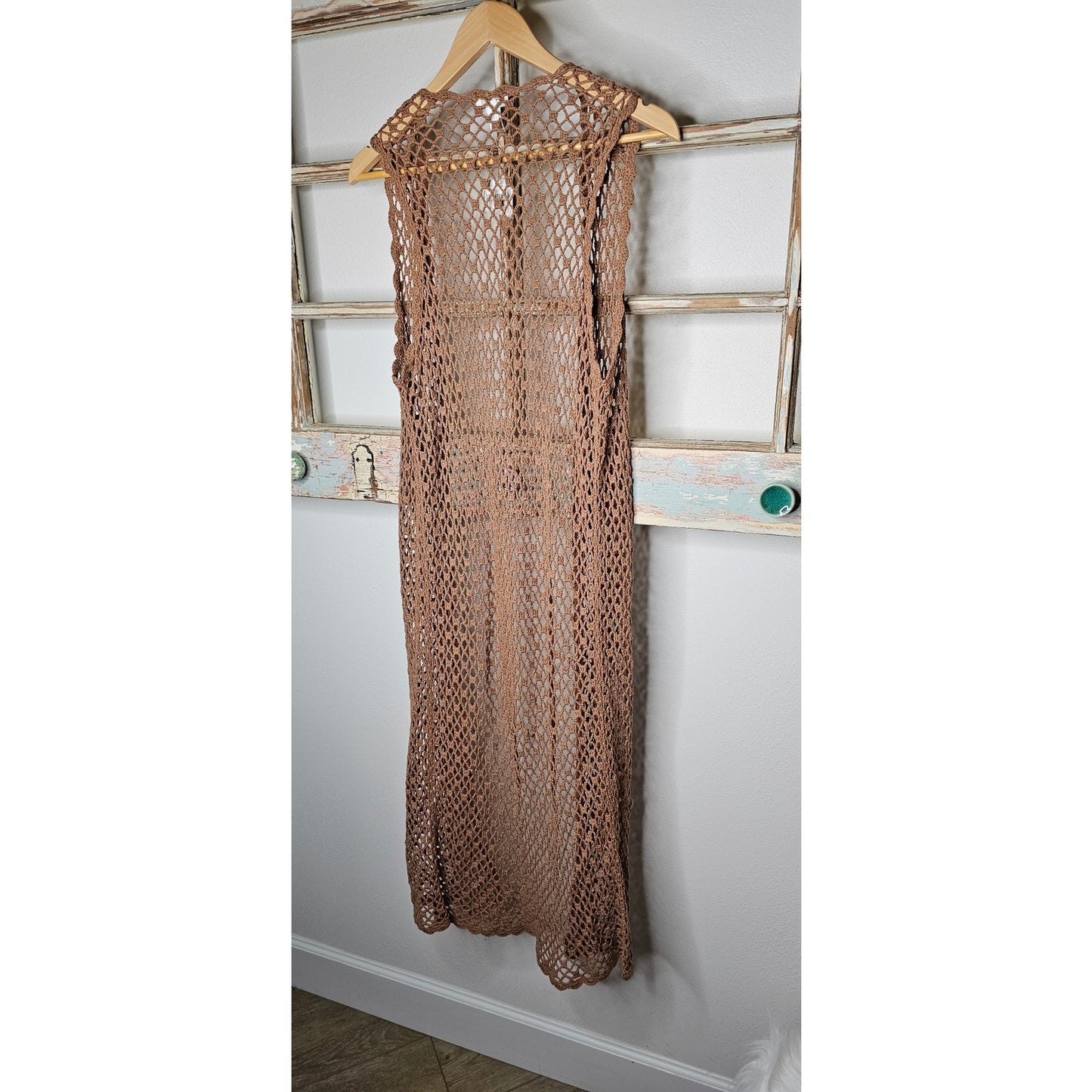 NWT Chico's Valerie Crochet Long Taupe Long Boho Open Vest XS / Chico's size 0
