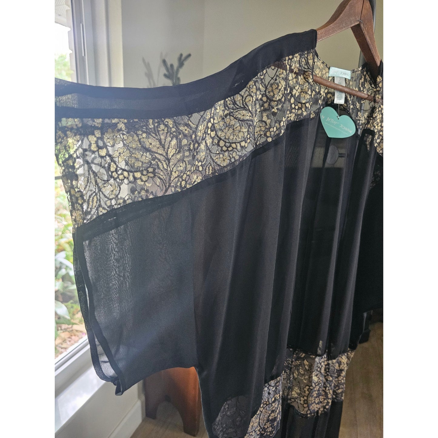 NWT Betsey Johnson black & gold Fringe Sheer Kimono ladies OSFM