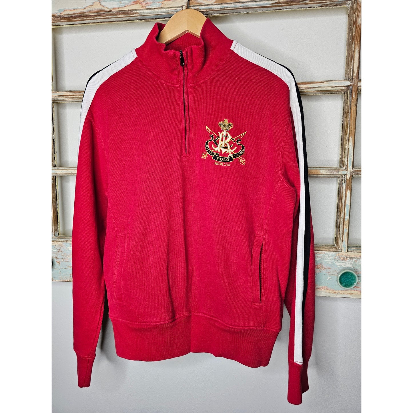 Polo Ralph Lauren Pullover 1/4 zip with crest Red, Cream, Black Ladies Medium
