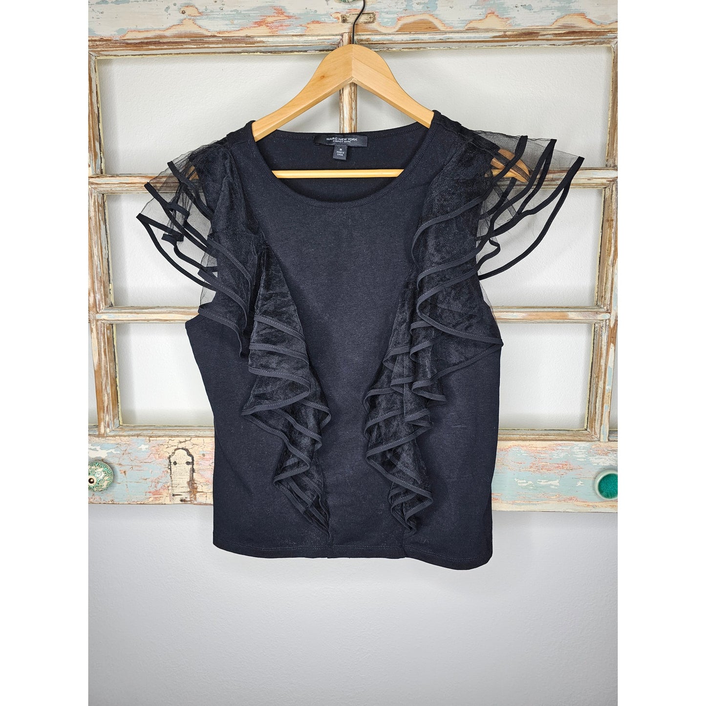 Marc New York Black Sleeveless Top w/ Sheer Ruffled Shoulders Ladies size Medium
