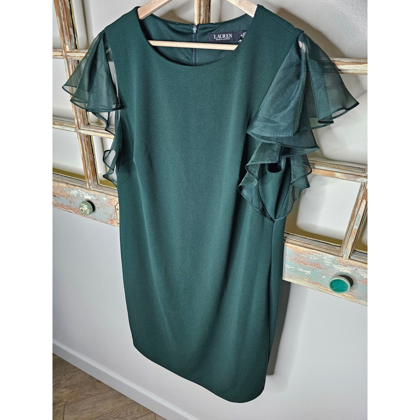 NWT Ralph Lauren Green Ruffled Sleeve Dress size 16