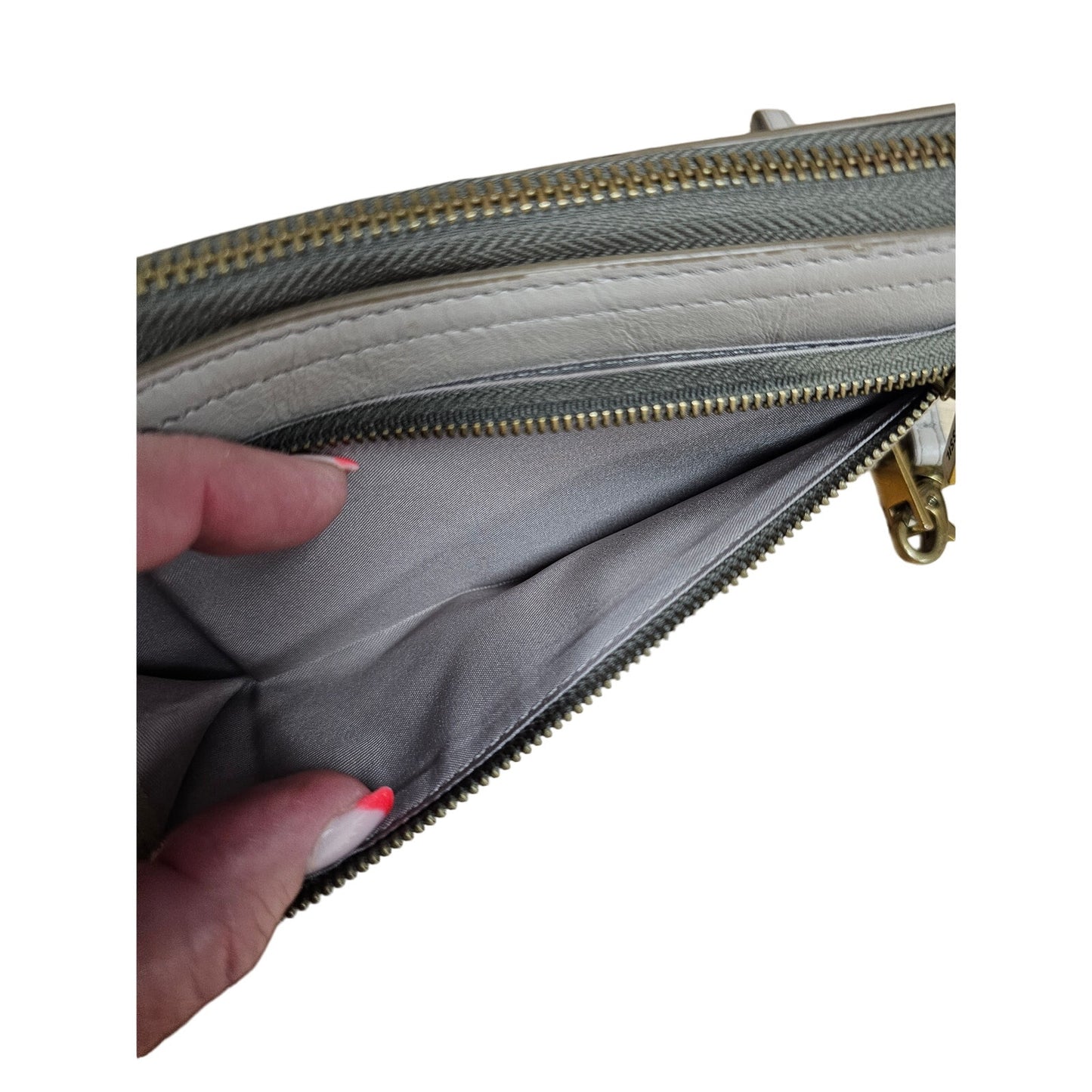 Fossil Khaki Gray Leather Clutch Wallet With Carry Strap