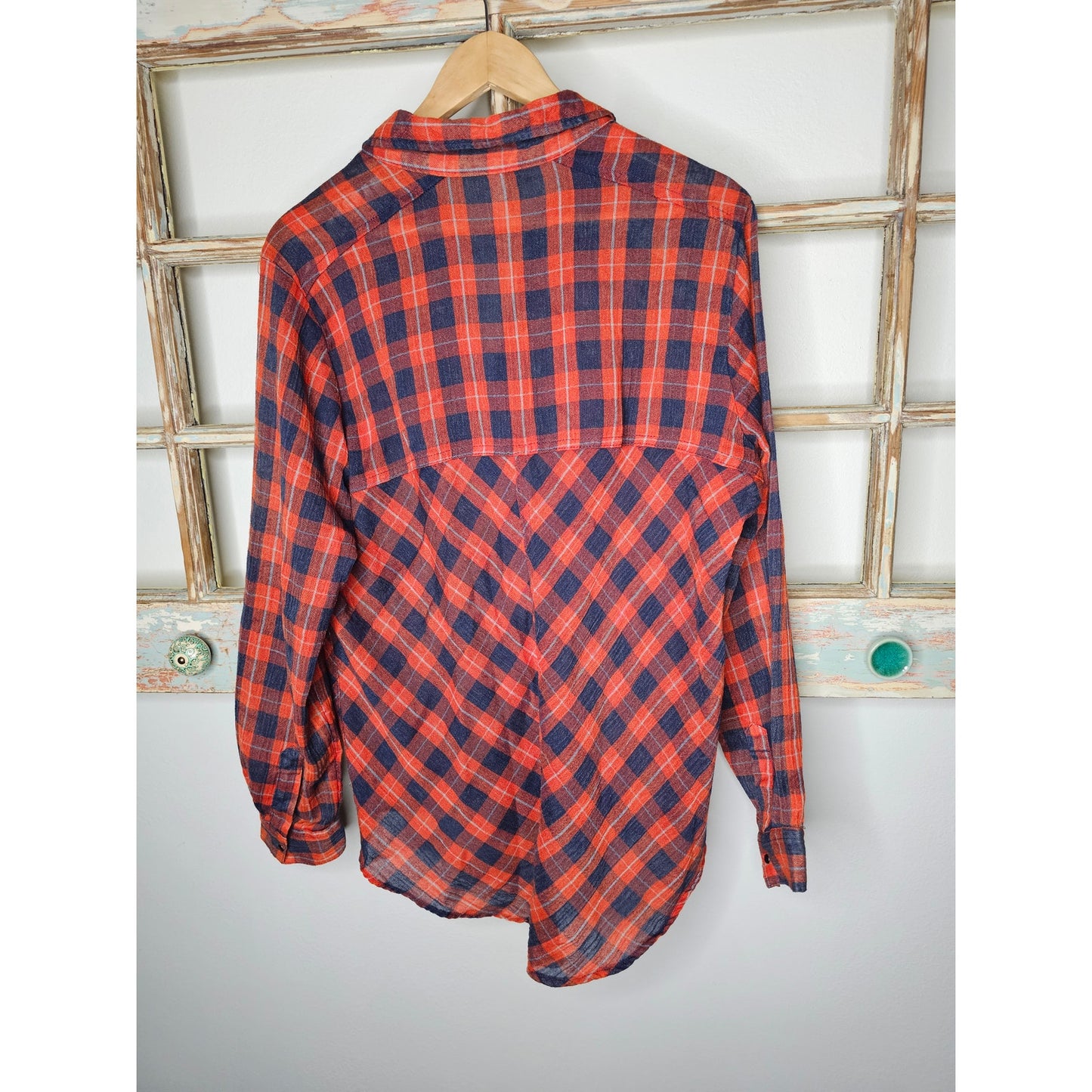 Free People Red/Blue Plaid Snap Up Top Ladies size Medium