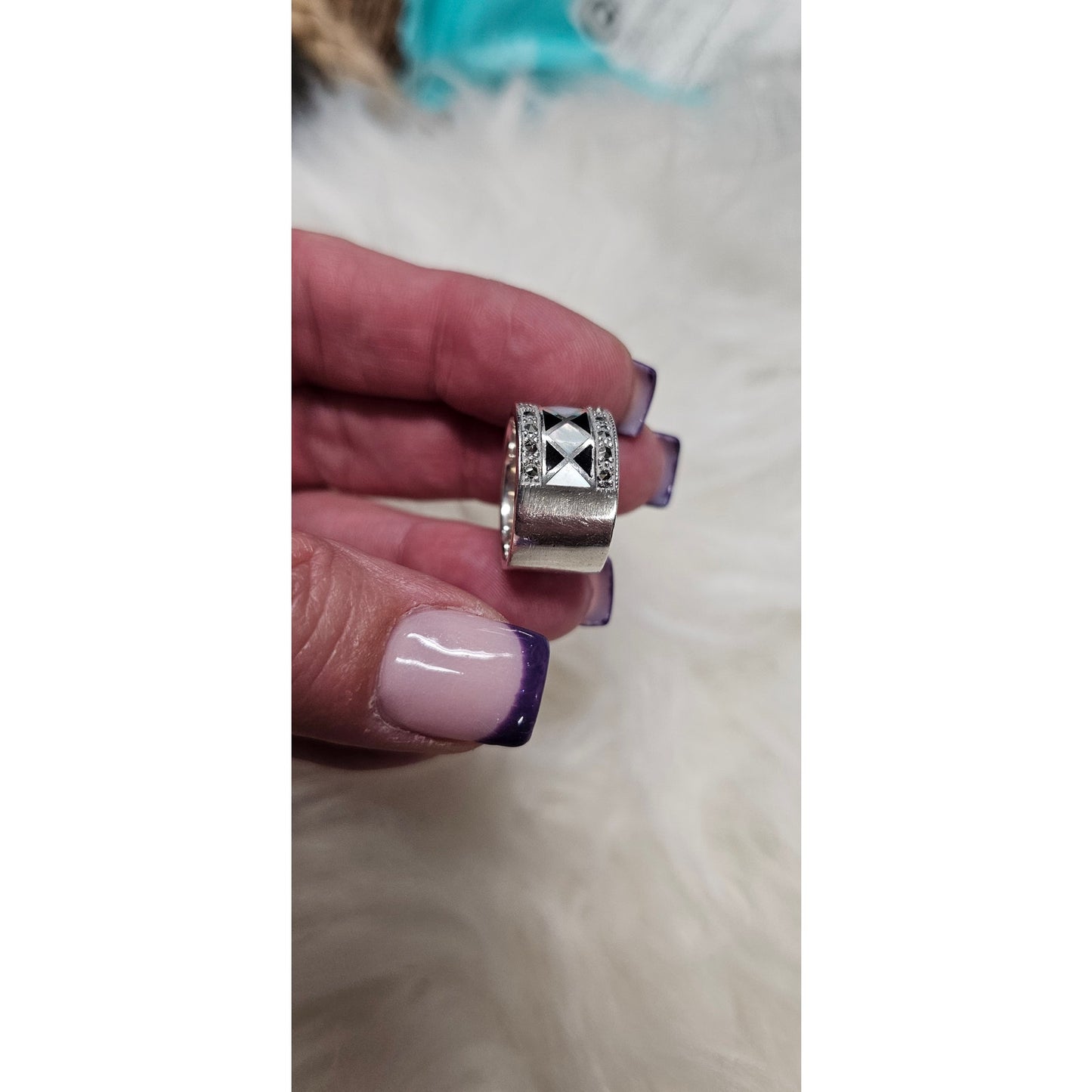 Onyx Marcasite Mother of Pearl Sterling 925 Harlequin Inlay Ring Size 7