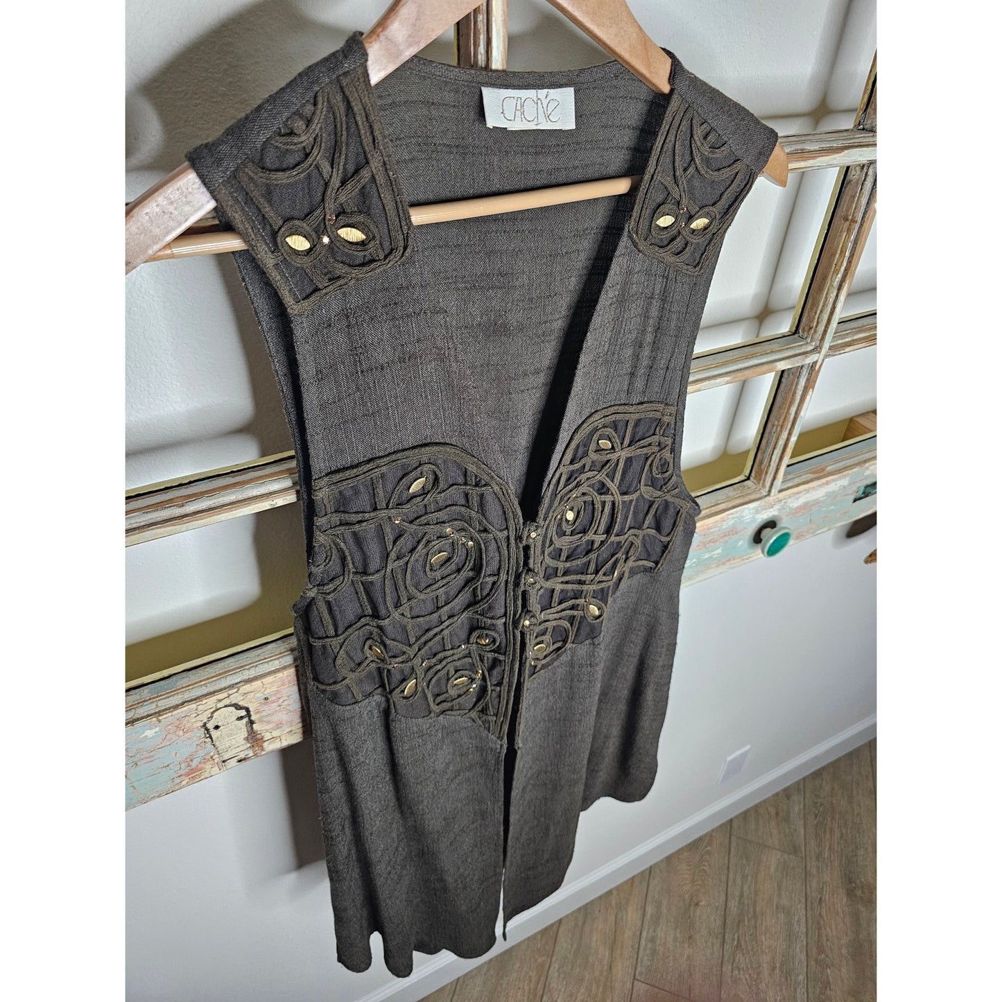 Vintage Cache Boho Army Green Vest W/ Gold Accents Size 10 / Medium