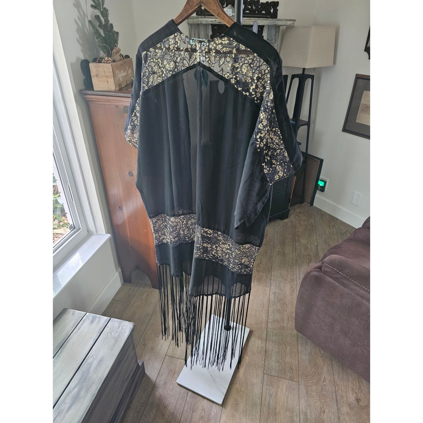 NWT Betsey Johnson black & gold Fringe Sheer Kimono ladies OSFM